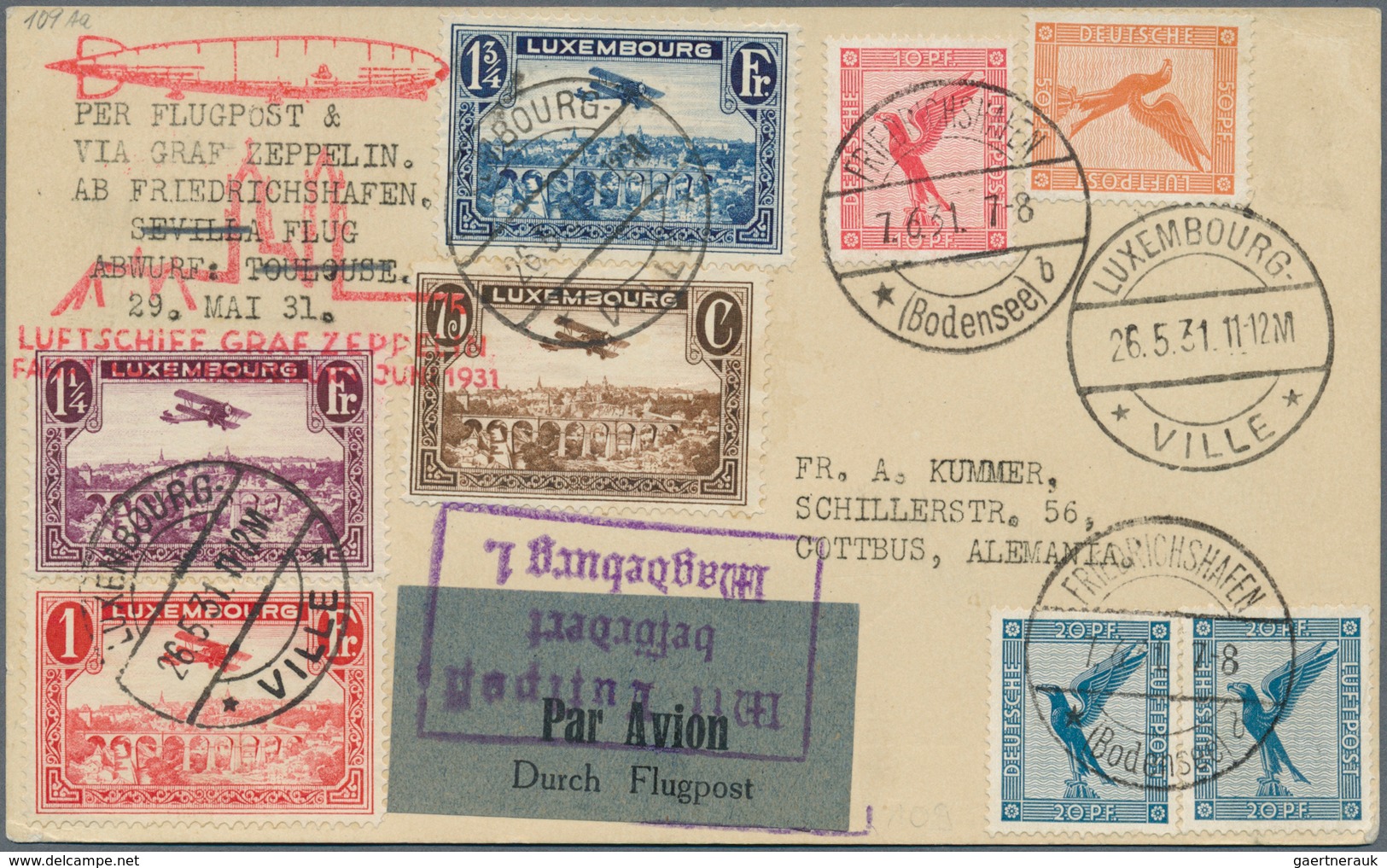 13116 Zeppelinpost Europa: 1931, LUXEMBURG/MAGDEBURG-FAHRT: Vertragsstaatenkarte Mit Herrlicher 9 Marken-B - Autres - Europe