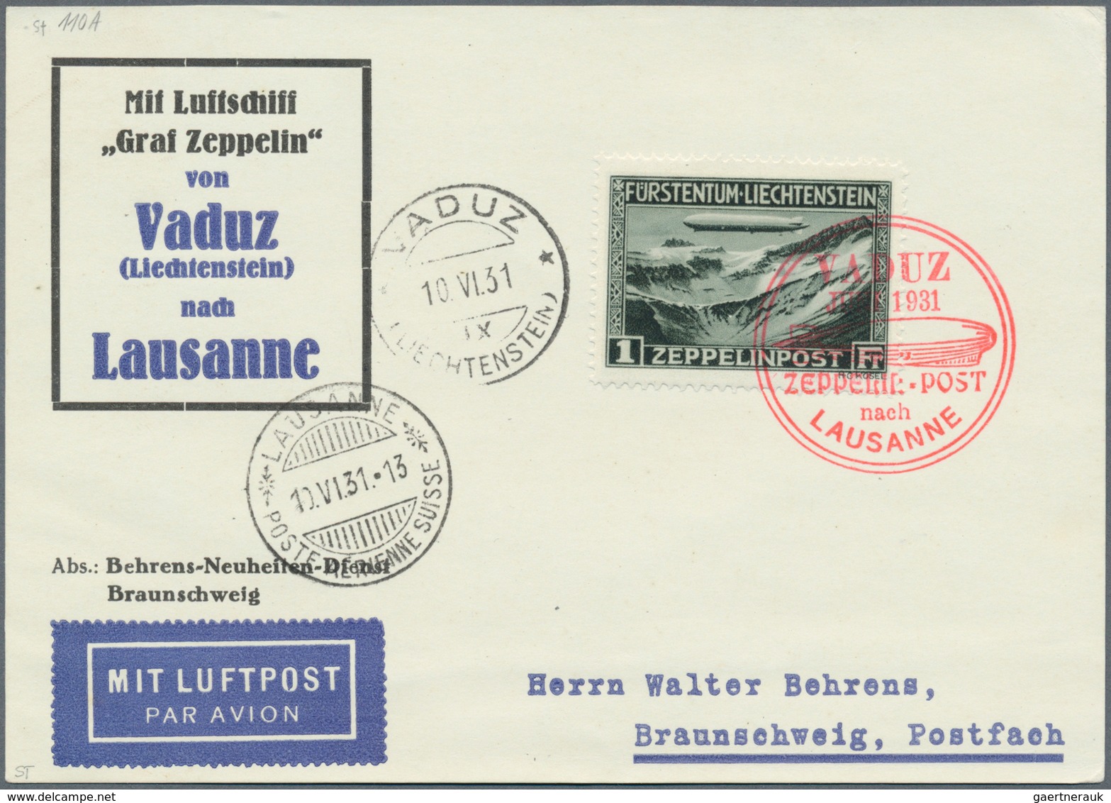 13118 Zeppelinpost Europa: 1931, 110A/B LZ 127/VADUZ-LAUSANNE: 1 Fr. Bzw. 2 Fr. Zeppelin Auf VADUZFAHRT-So - Sonstige - Europa