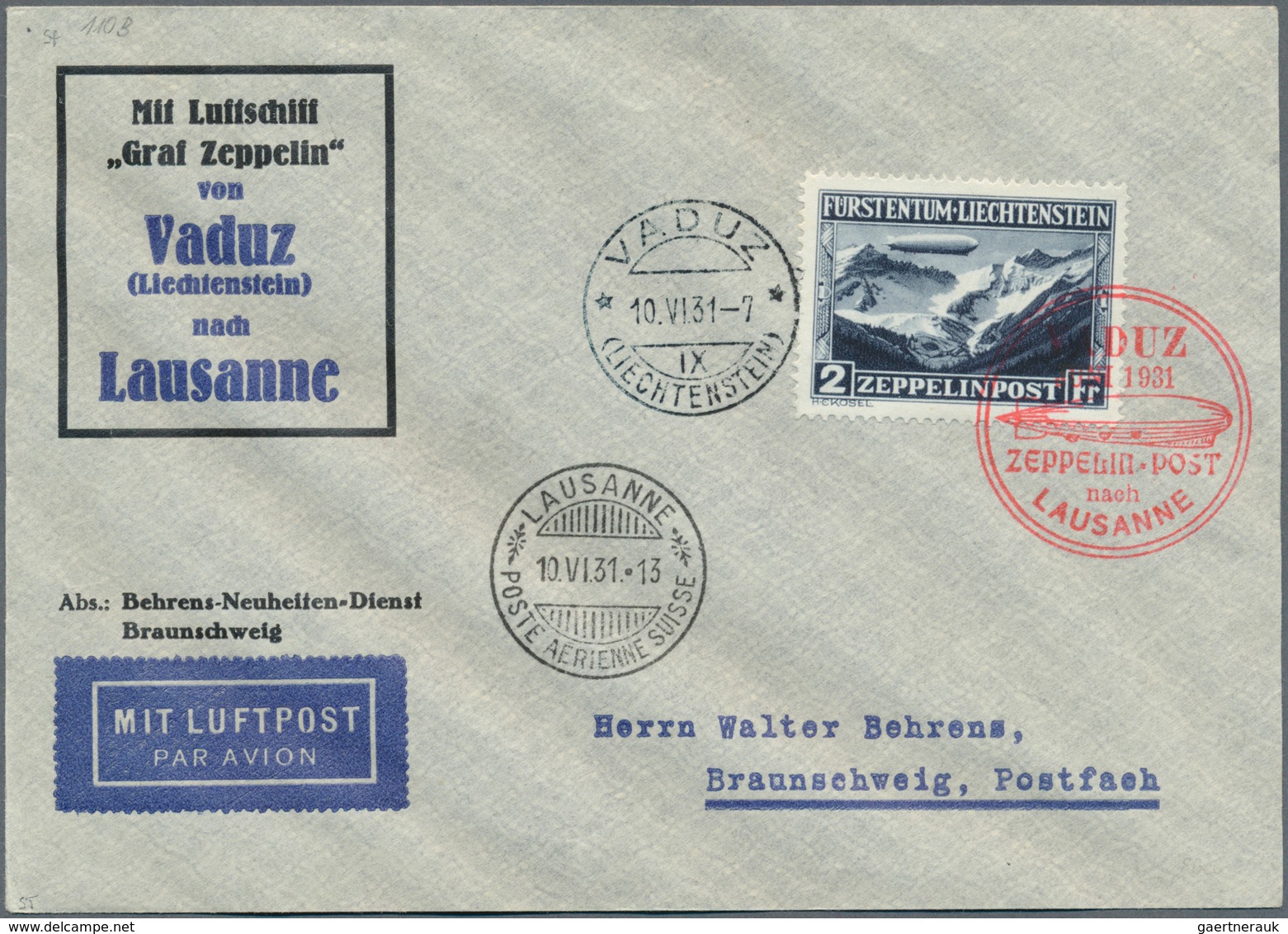 13118 Zeppelinpost Europa: 1931, 110A/B LZ 127/VADUZ-LAUSANNE: 1 Fr. Bzw. 2 Fr. Zeppelin Auf VADUZFAHRT-So - Sonstige - Europa