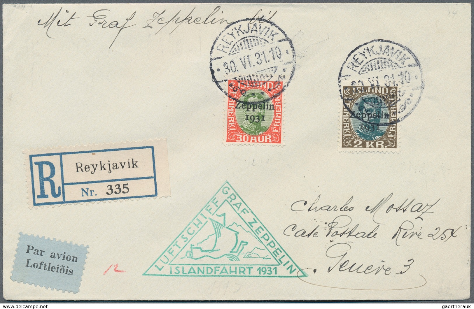 13124 Zeppelinpost Europa: 1931: ISLAND/Islandfahrt: Tadelloser R-Brief Mit 30 A + 2 Kr, Seltener Stempel - Autres - Europe