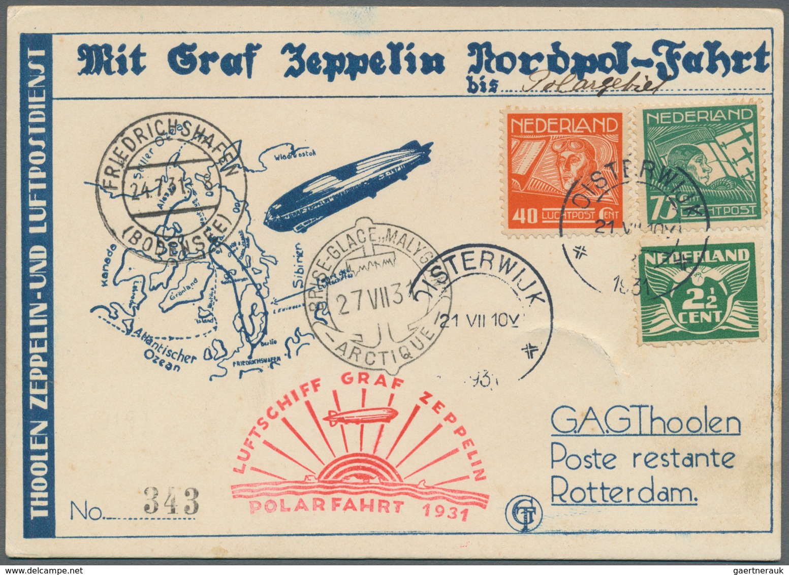 13127 Zeppelinpost Europa: 1931, Polarfahrt, Vordruck-Zeppelin-Karte, Zuleitung Niederlande, Oisterwijk 21 - Autres - Europe