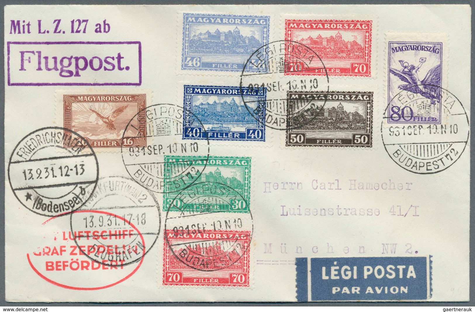 13140 Zeppelinpost Europa: 1931, UNGARN / Frankfurt-Fahrt. Großartiger Vertragsstaaten-Brief Mit 8-Marken- - Sonstige - Europa