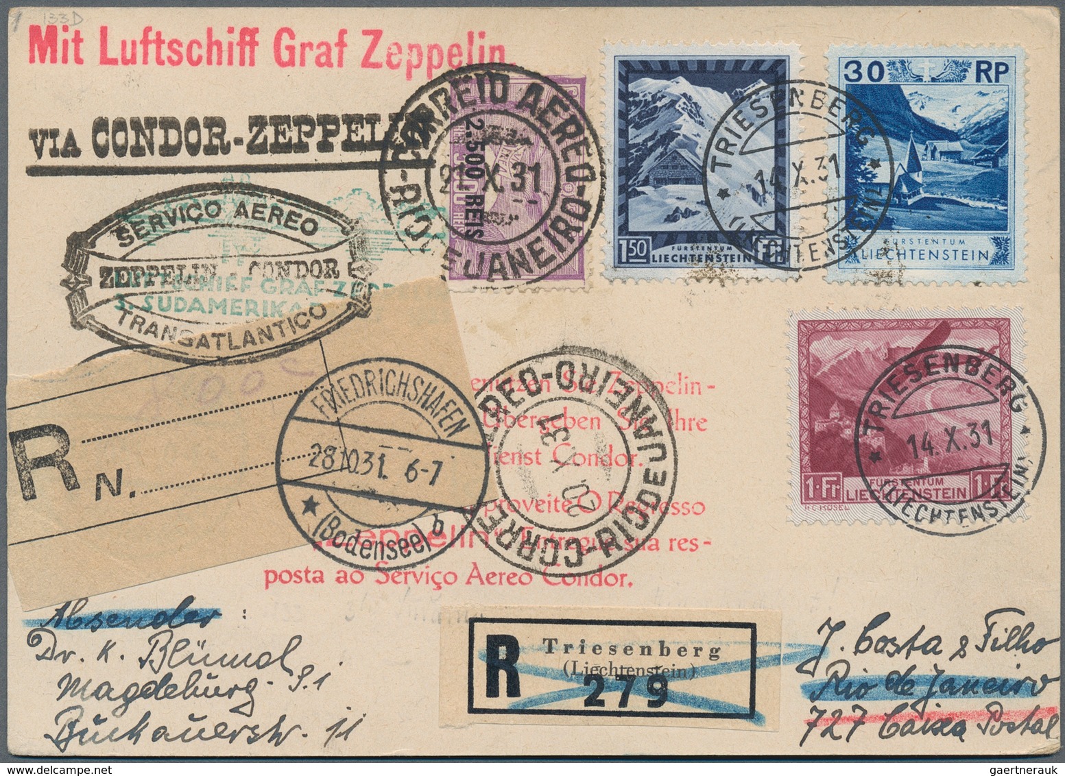 13141 Zeppelinpost Europa: 1931: LIECHTENSTEIN/ 3. SAF 1931 Hin- U. Rückfahrt: Reco-Karte Der Hinfahrt übe - Autres - Europe