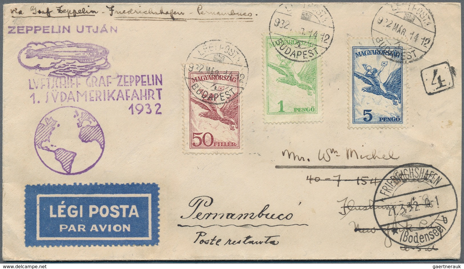 13143 Zeppelinpost Europa: 1932: UNGARN/1 SAF 1932: Attraktive Vertragstaatenkarte Mit 3 Flugmarken Etc Bu - Sonstige - Europa