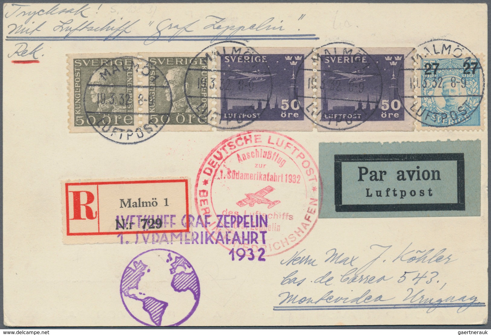 13148 Zeppelinpost Europa: SCHWEDEN/1. SAF 1932/Anschlußflug Berlin: Luxus-Reco-Karte Mit Flugmarken Mi 21 - Autres - Europe