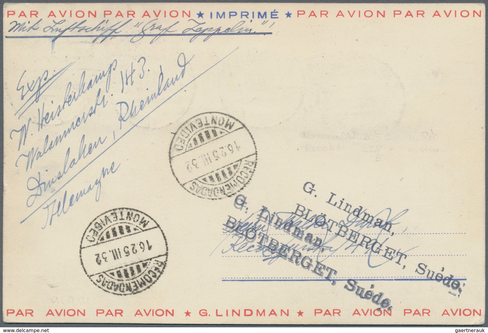 13148 Zeppelinpost Europa: SCHWEDEN/1. SAF 1932/Anschlußflug Berlin: Luxus-Reco-Karte Mit Flugmarken Mi 21 - Autres - Europe