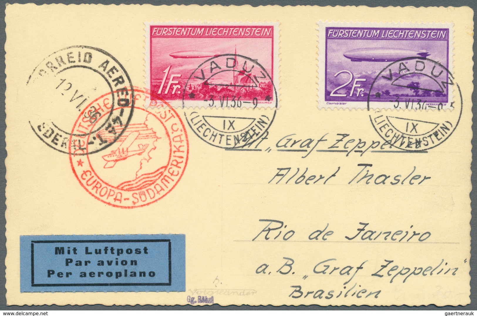 13151 Zeppelinpost Europa: Liechtenstein, Flugpost 1936, 1 Fr. Und 2 Fr. Luftpostausgabe Auf Zeppelinkarte - Autres - Europe