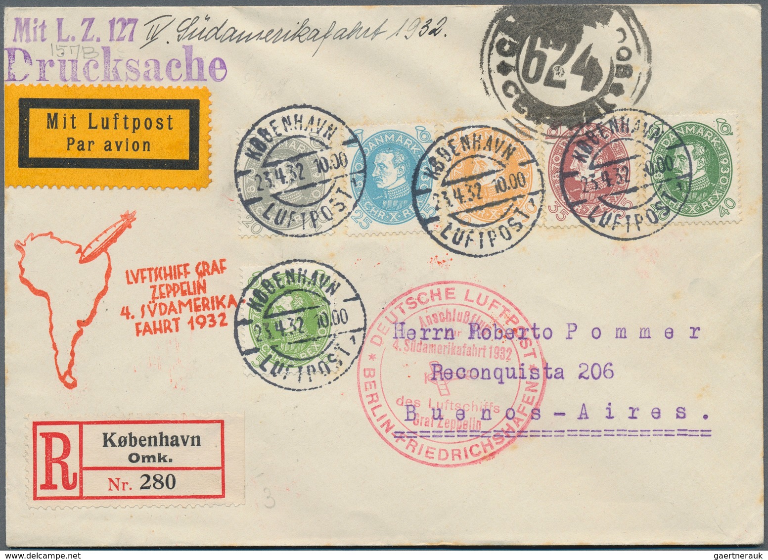 13157 Zeppelinpost Europa: 1932: DÄNEMARK/4.SAF 1932/Anschlußflug Berlin: Reco-Drucksachenbrief Mit Selten - Sonstige - Europa