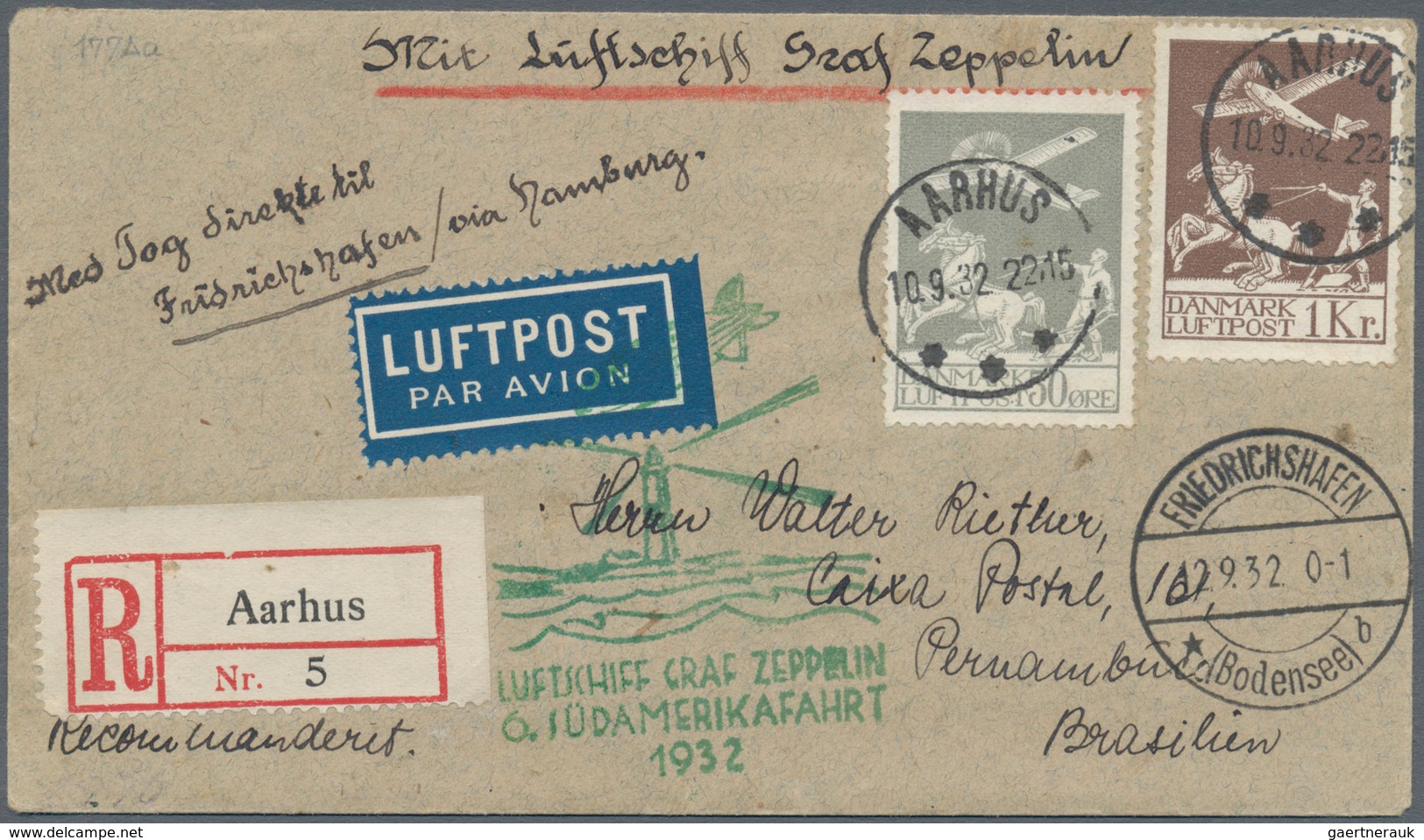 13166 Zeppelinpost Europa: 1932: DÄNEMARK/6. SAF 9132: Kleinformatiger Zuleitungs-Reco-Brief Per Bahnpost - Sonstige - Europa