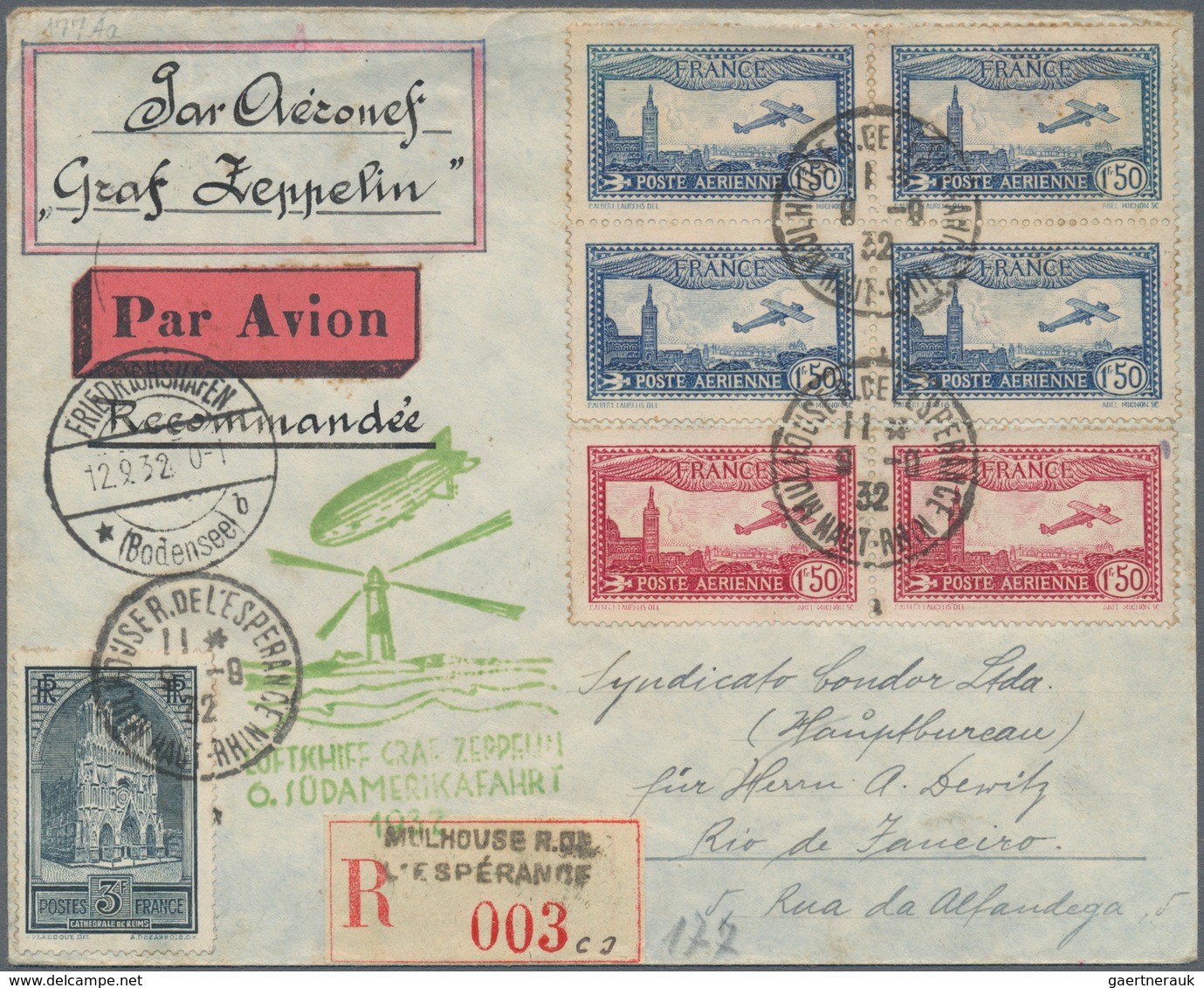 13167 Zeppelinpost Europa: 1932: FRANKREICH/6. SAF 1932: Seltene Elsaß (Mulhouse)-Reco-Aufgabe Mit Flugmar - Autres - Europe