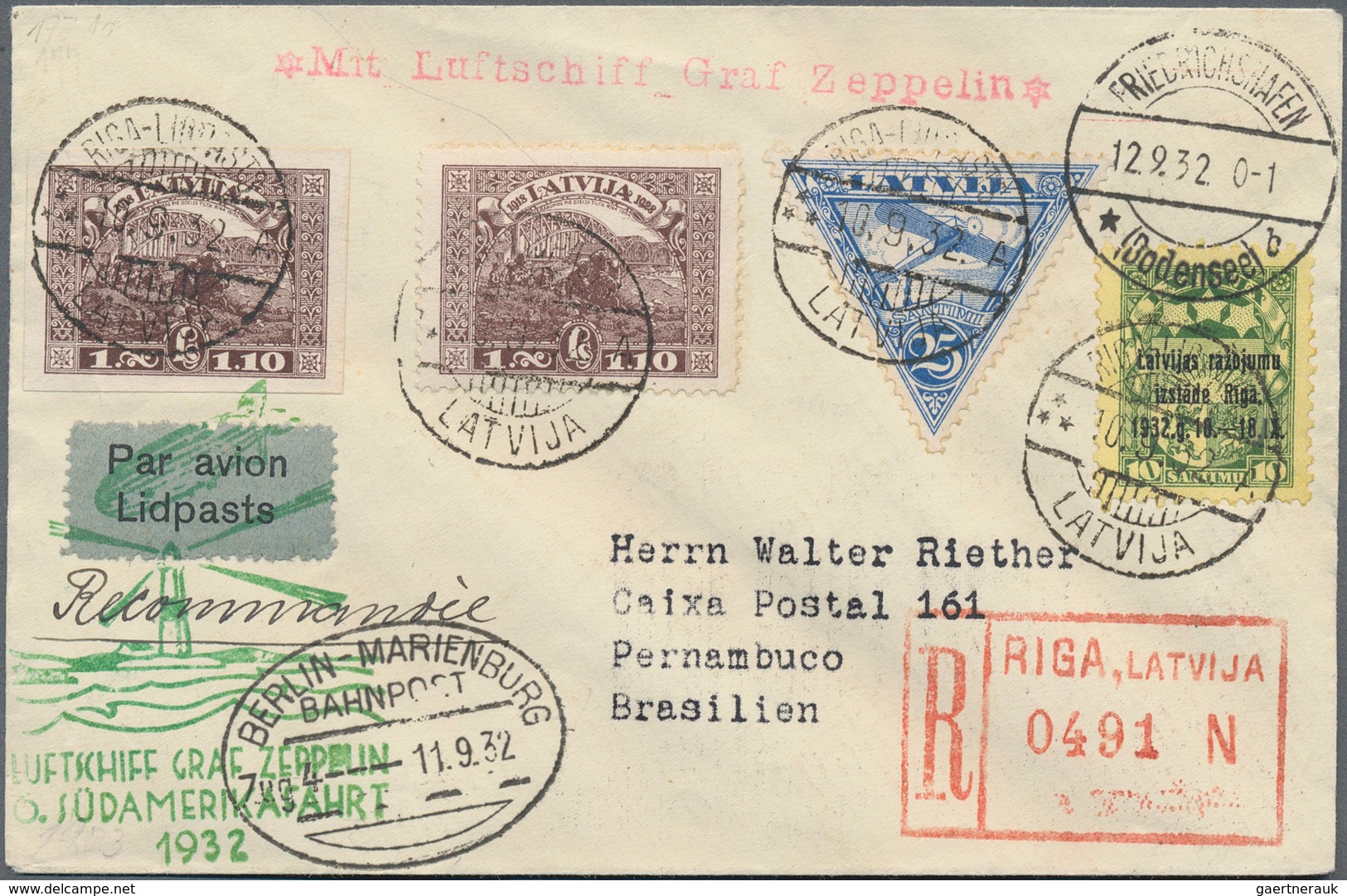 13168 Zeppelinpost Europa: 1932: LETTLAND/6. SAF 1932: Recobrief Mit 4 Marken Buntfrankatur Ab Riga über B - Autres - Europe