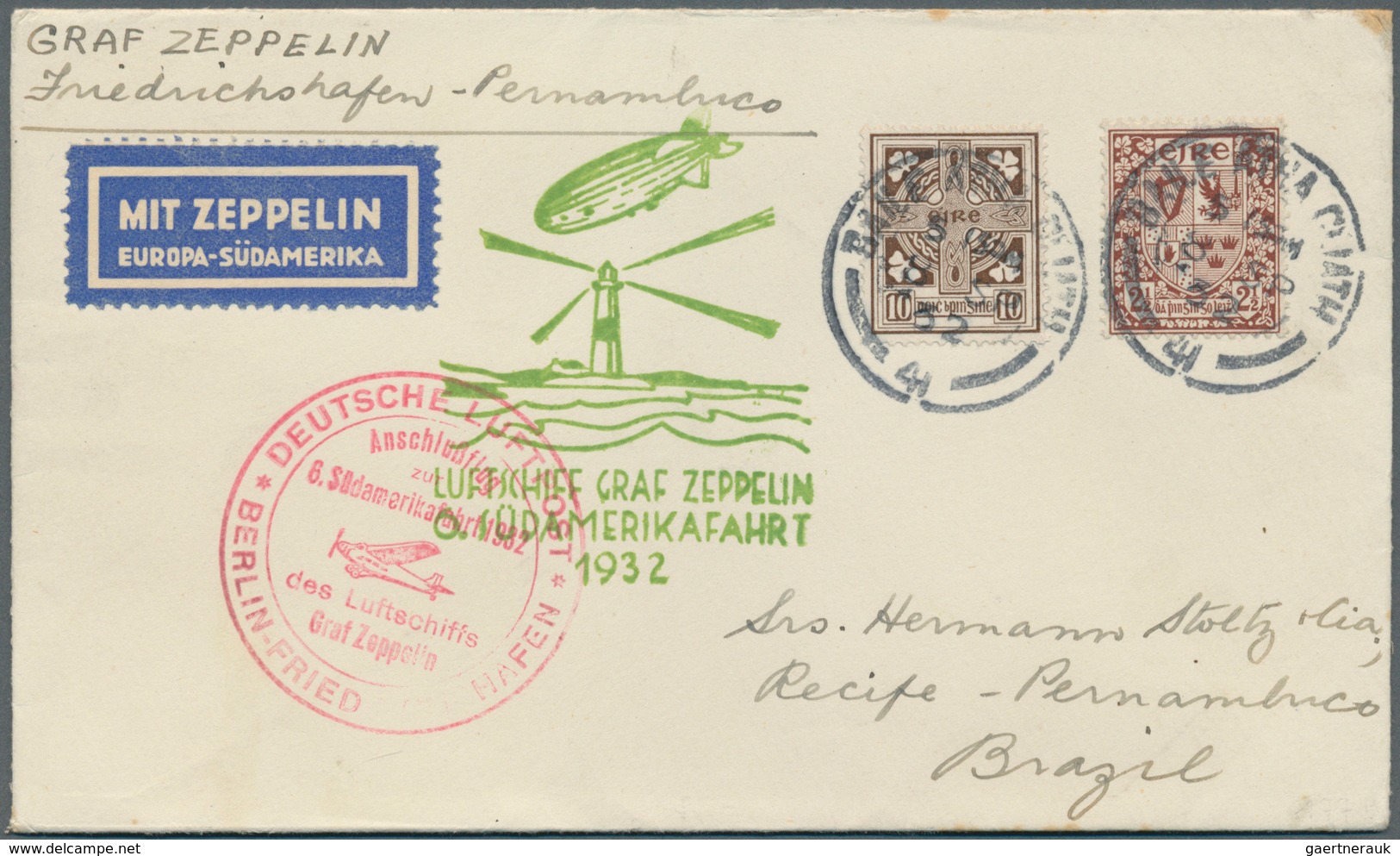 13169 Zeppelinpost Europa: 1932, IRLAND/6. SAF: Portorichtiger (12½ P Frankatur) Vertragsstaatenbrief über - Sonstige - Europa