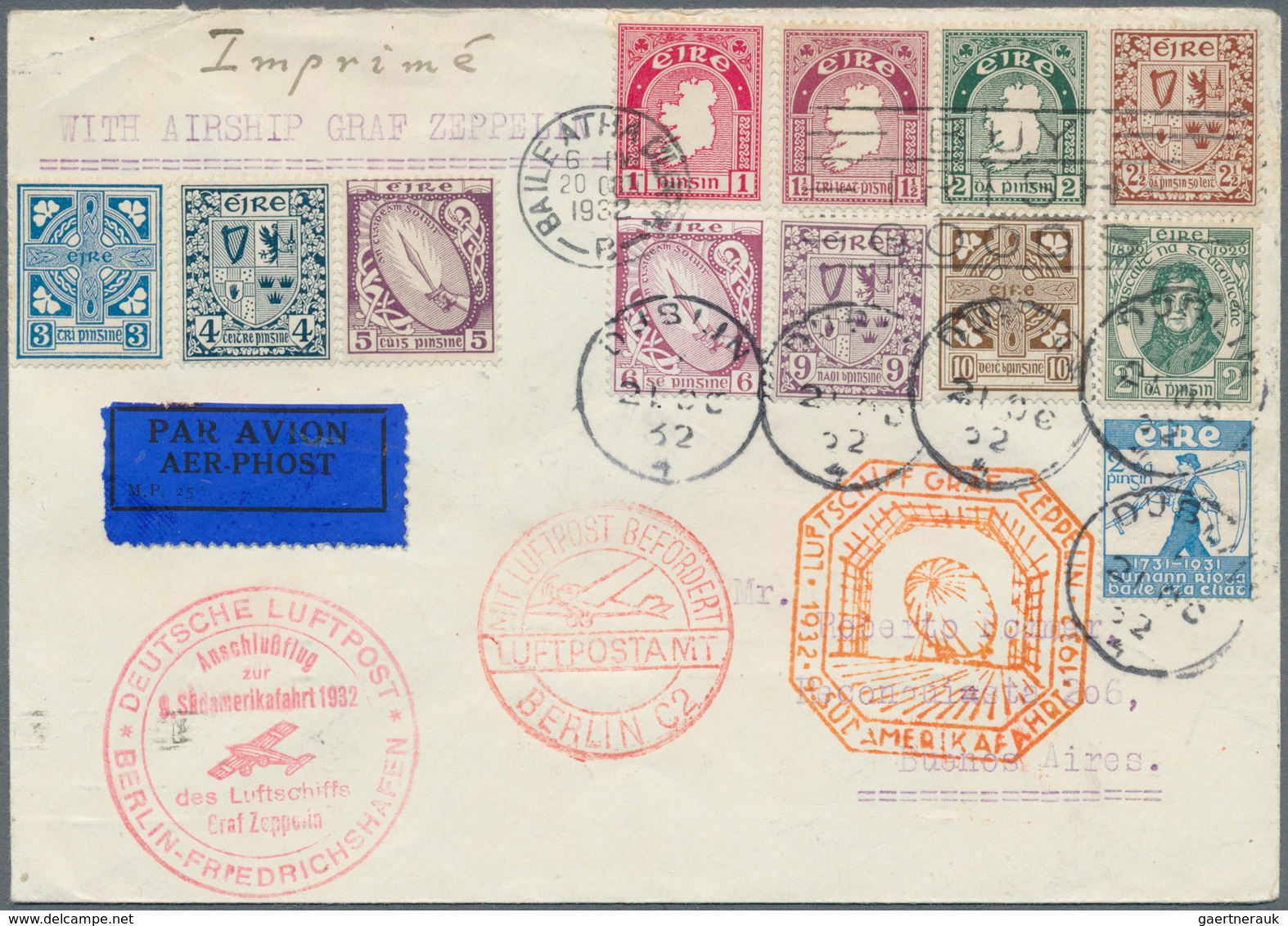 13175 Zeppelinpost Europa: 1932: IRLAND/ 9. SAF 1932: Interessanter Anschlußflugbrief Berlin Mit 12 Marken - Sonstige - Europa