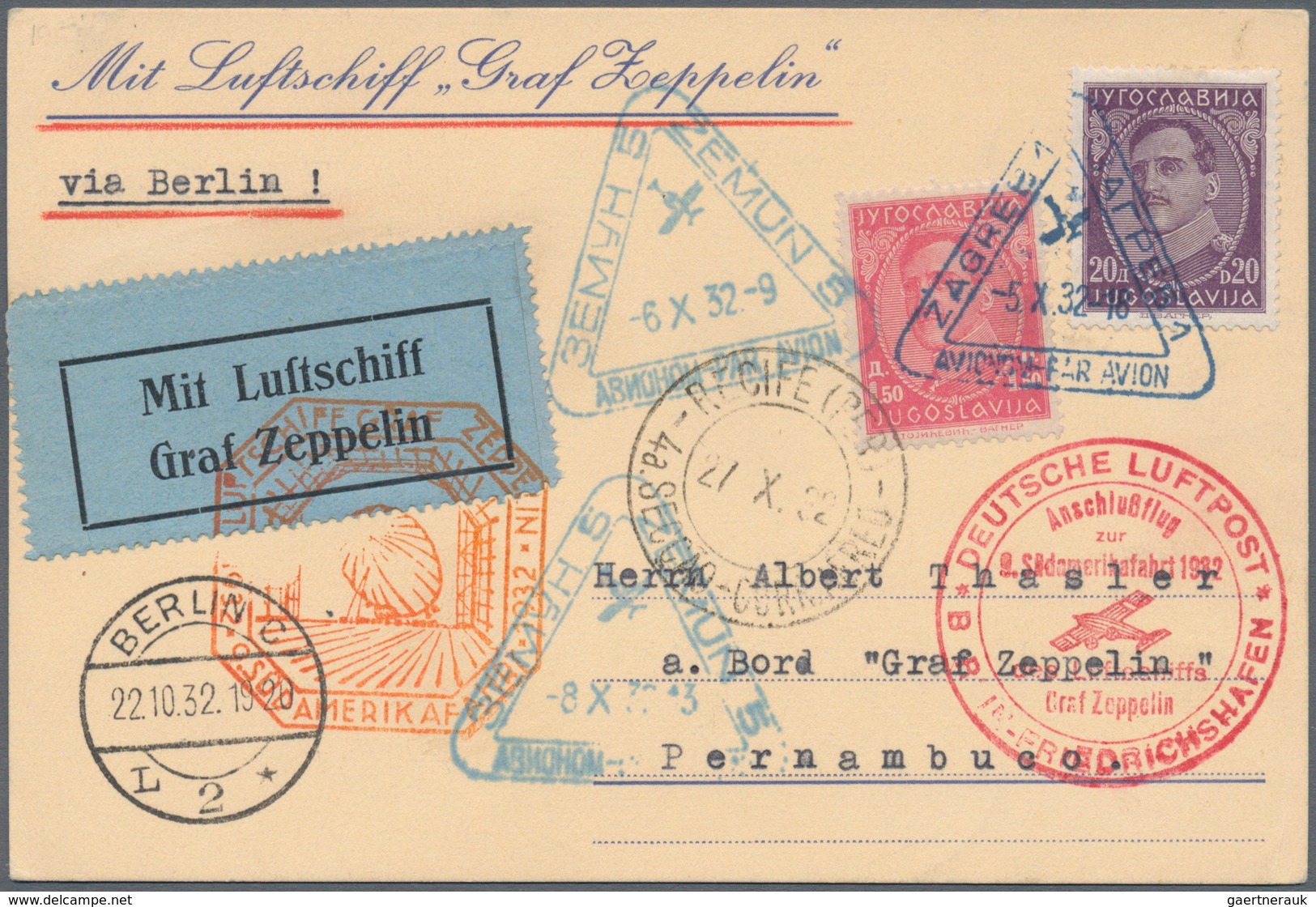 13178 Zeppelinpost Europa: 1932: Jugoslawien/9. SAF 1932/Anschlußflug Berlin: Interessante Karte Nach Pern - Sonstige - Europa