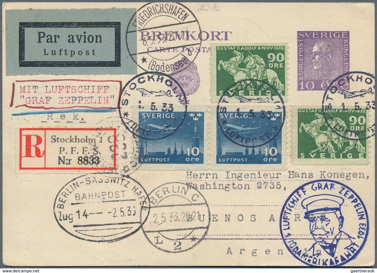 13182 Zeppelinpost Europa: 1933: Schweden/1. SAF 1933: Sehr Seltene 10 Öre Privatpostkarte Mit 4 Marken Bu - Autres - Europe