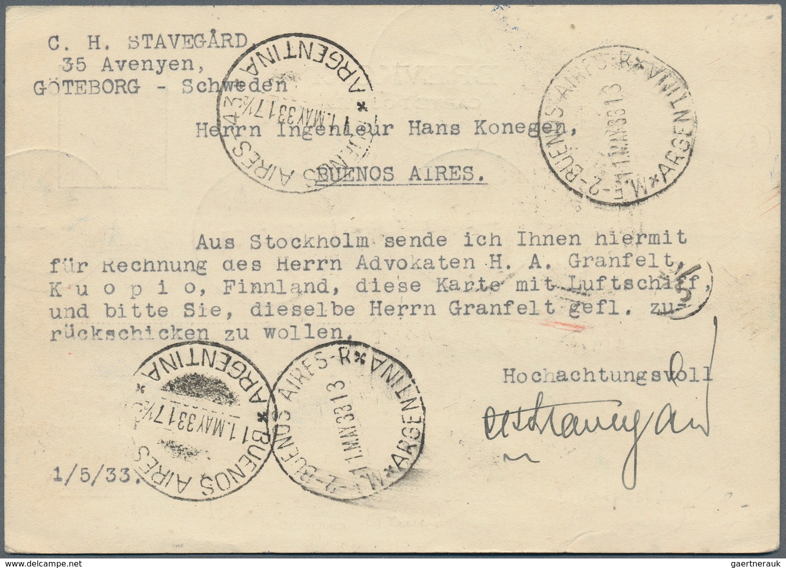 13182 Zeppelinpost Europa: 1933: Schweden/1. SAF 1933: Sehr Seltene 10 Öre Privatpostkarte Mit 4 Marken Bu - Autres - Europe