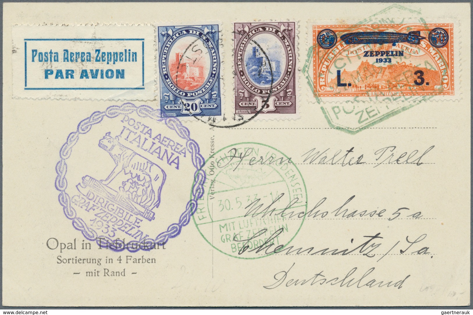 13187A Zeppelinpost Europa: 1933, ITALIENFAHRT, San Marino 3 L On 50 C Orange Zeppelin (MiNr.192), Tied By - Sonstige - Europa