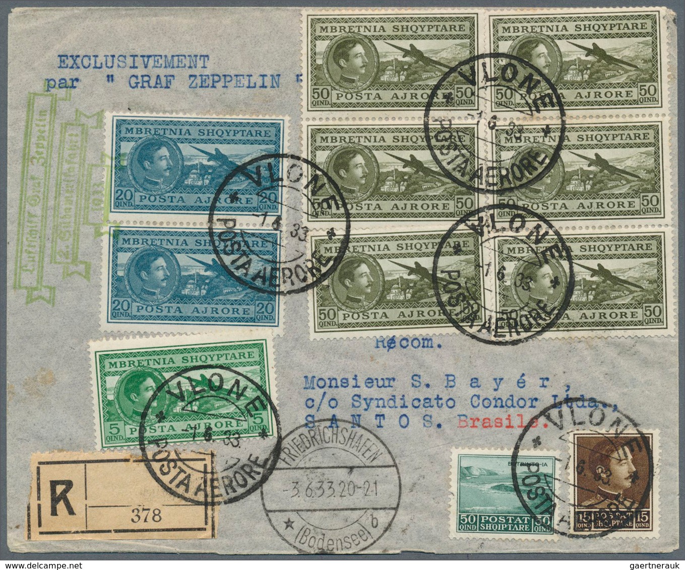 13189 Zeppelinpost Europa: 1933, 2. SÜDAMERIKAFAHRT; Zuleitung Albanien: Sent By Registered Airmail From V - Autres - Europe