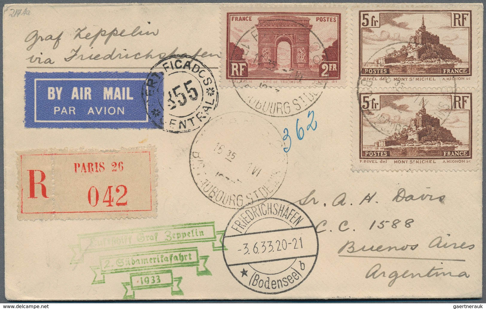 13190 Zeppelinpost Europa: 1933: FRANKREICH/ 2. SAF 1933: Vertragstaaten-Recobrief, Mi 240 (2x) + 263 Via - Autres - Europe