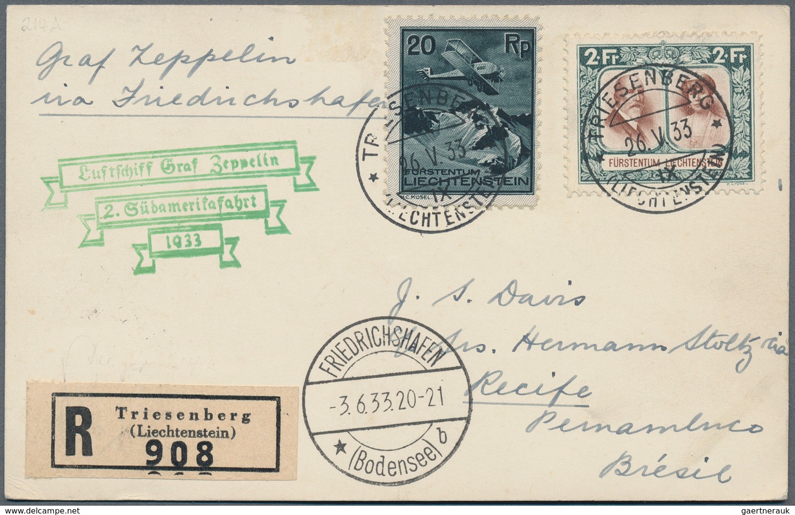13191 Zeppelinpost Europa: 1933: LIECHTENSTEIN/2. SAF 1933: Schöne Reco-Karte Ab Triesenberg Mi 107 + 109 - Autres - Europe