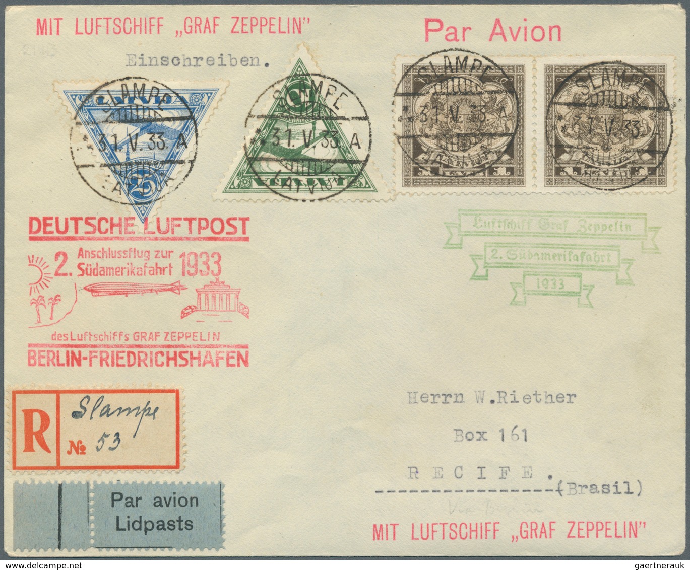 13194 Zeppelinpost Europa: 1933, LETTLAND/2. SAF: R-Brief Ab SLAMPE (Ort + Nr. Auf R-Zettel Handschr.) Mit - Sonstige - Europa