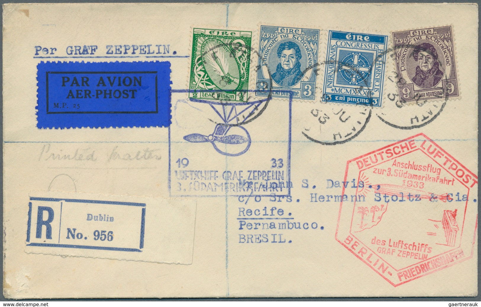 13198 Zeppelinpost Europa: 1933, IRLAND/3. SAF: R-Drucksachenbrief Ab Dublin Mit Anschlußflug Berlin-Fried - Autres - Europe