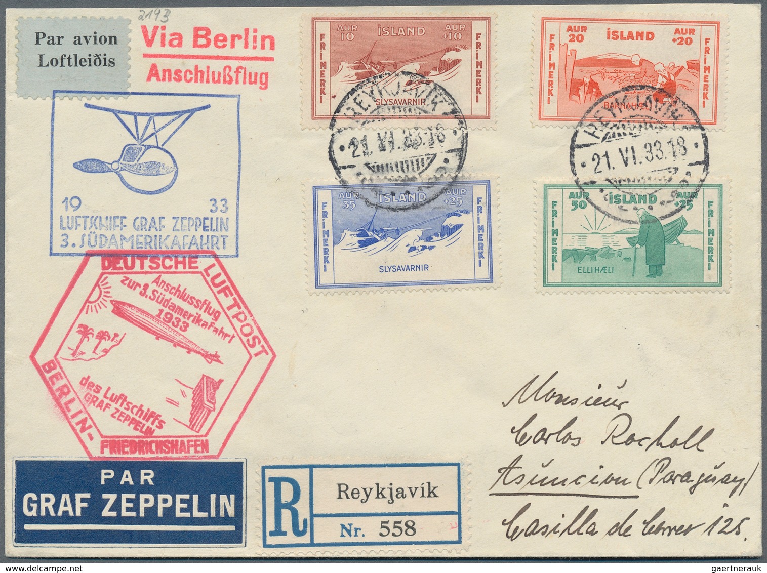 13199 Zeppelinpost Europa: 1933: ISLAND/2 SAF 1933: Luxusbrief, Reco, Mit Wohlfahrtsmarkensatz Mi 168/71 U - Sonstige - Europa