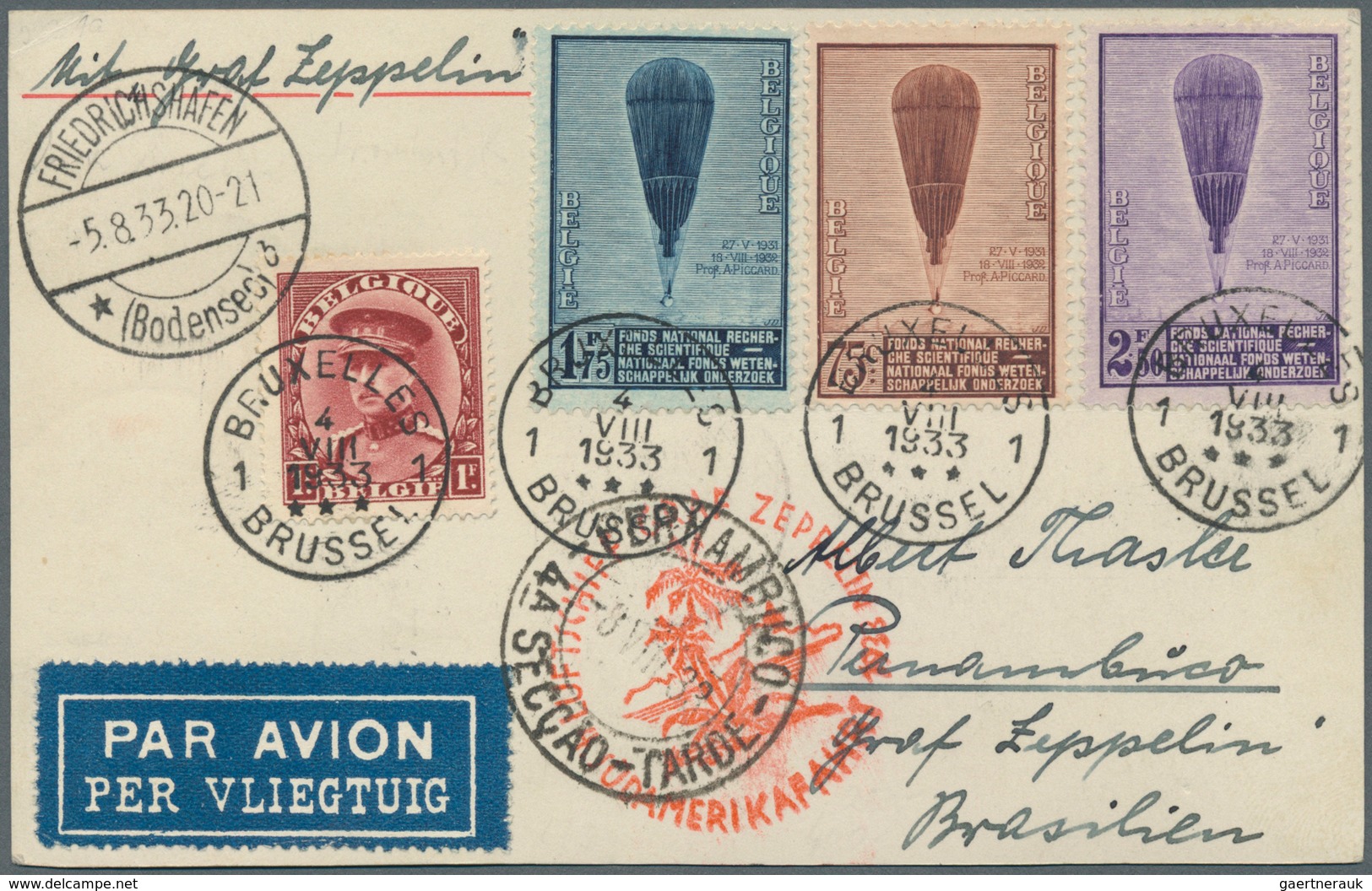 13200 Zeppelinpost Europa: 1933, BELGIEN/4. SAF: Frankatur, Dabei Mi. 344/46 Stratosphärenballon-Satz über - Autres - Europe