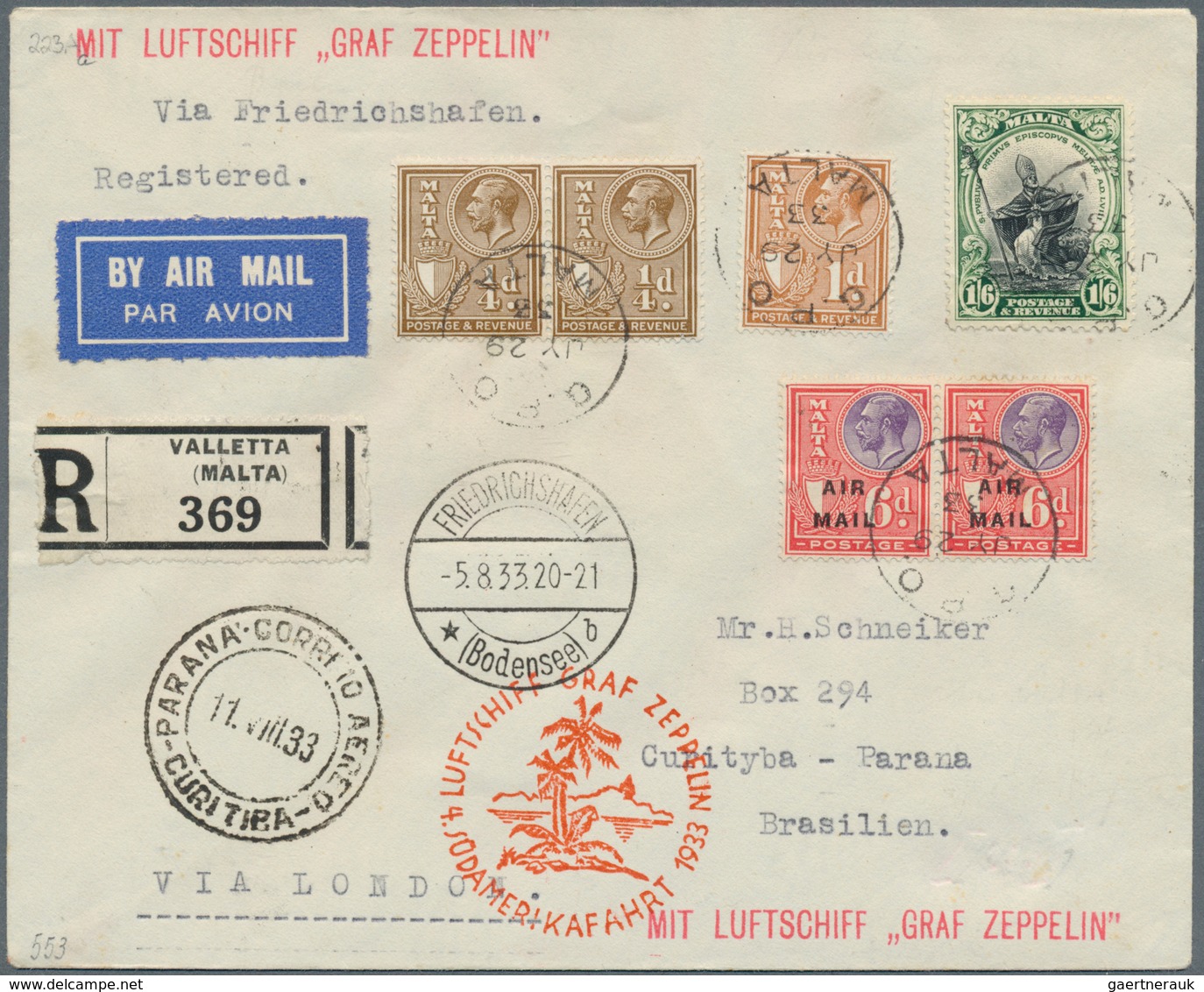 13201 Zeppelinpost Europa: 1933: MALTA/ 4. SAF 1933: Recobrief Ab Valletta Mit Kabinett-Buntfrankatur U.a. - Autres - Europe