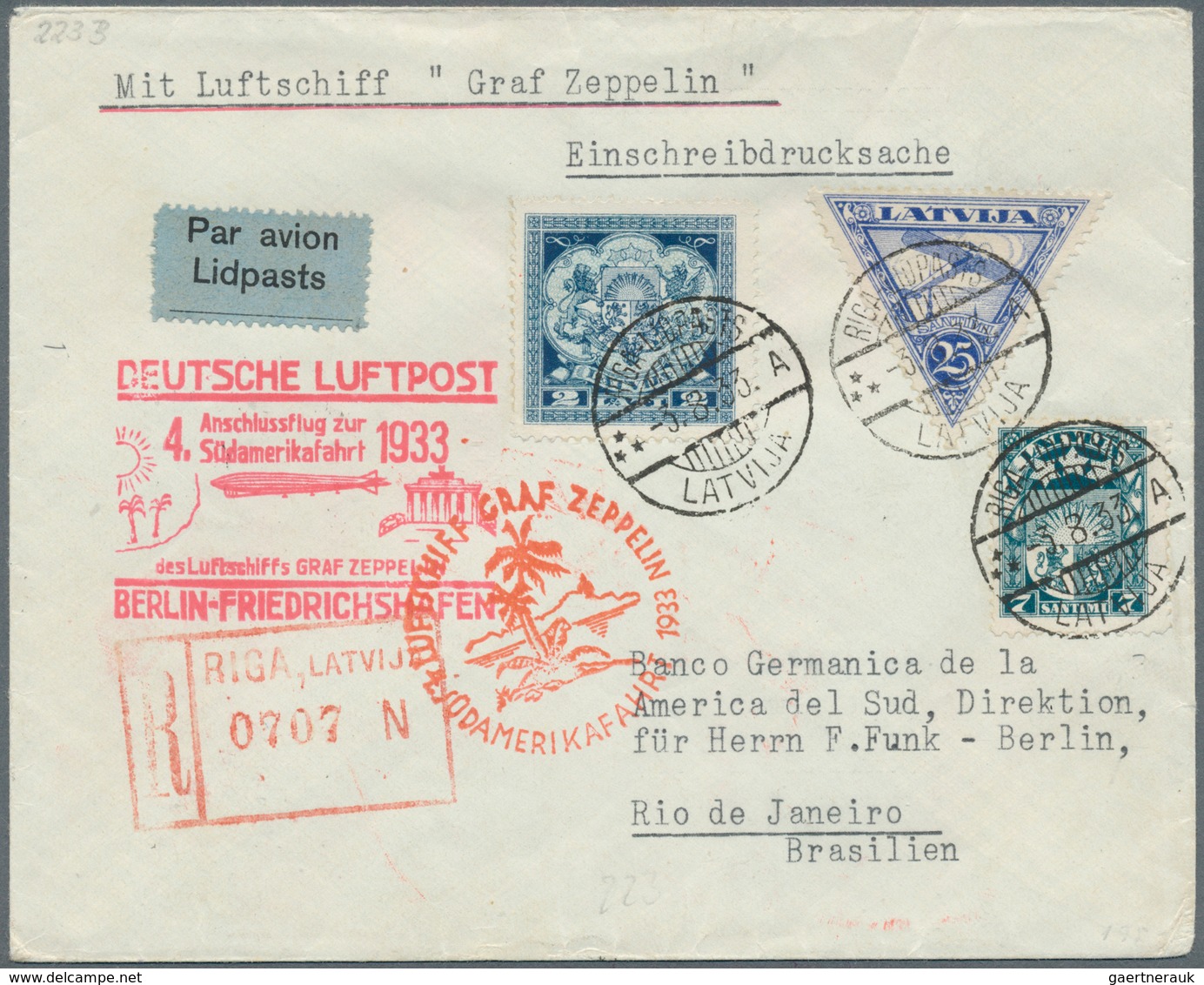 13203 Zeppelinpost Europa: 1933: LETTLAND / 4. SAF 1933: Reco-Drucksachenbrief Mit Anschlußflug Berlin Nac - Autres - Europe