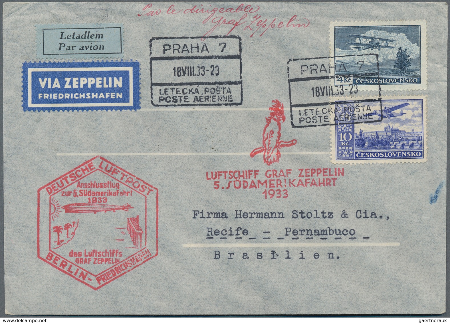 13209 Zeppelinpost Europa: Tschechoslowakei: 1933, 5. Südamerikafahrt Mit Anschlussflug Berlin, Brief Mit - Autres - Europe