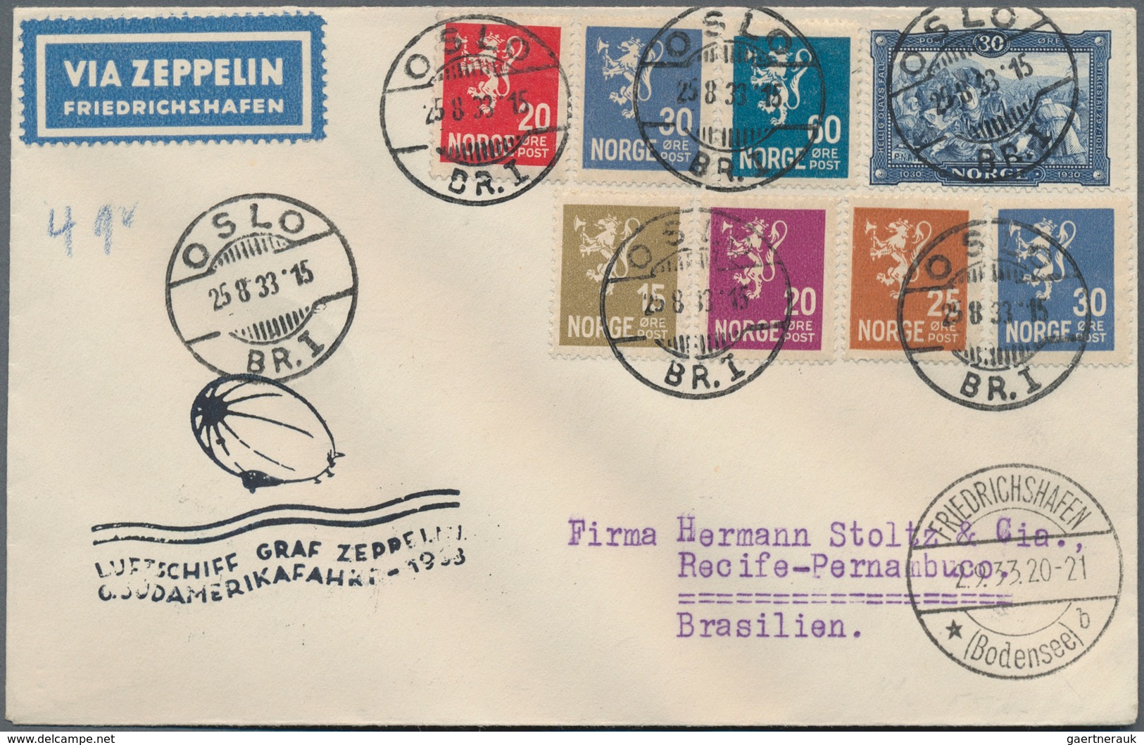 13211 Zeppelinpost Europa: Norwegen: 1933, 6. Südamerikafahrt Mit Auflieferung Friedrichshafen, Brief Mit - Autres - Europe