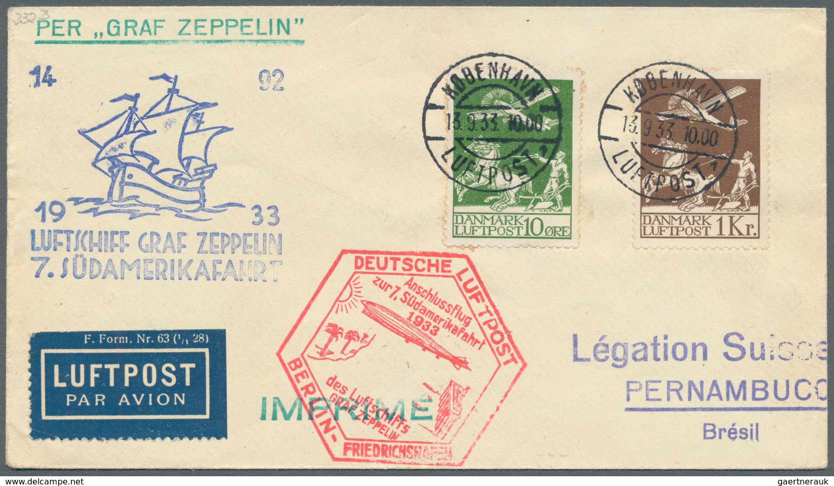 13219 Zeppelinpost Europa: 1933, DÄNEMARK/7.SAF.1933: Vertragsstaatenbrief Mit 1 Kr. Flugmarken-Höchstwert - Sonstige - Europa