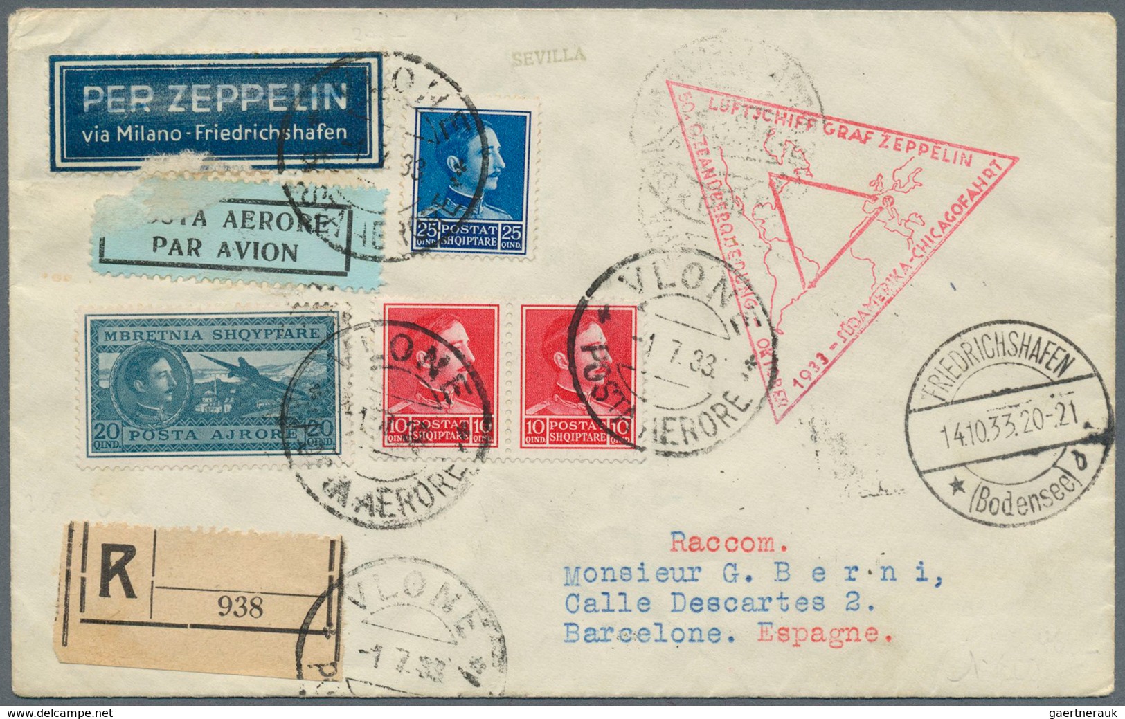 13222 Zeppelinpost Europa: 1933, CHICAGOFAHRT, Zuleitung Albanien, Sent By Registered Airmail From VLONE 1 - Sonstige - Europa