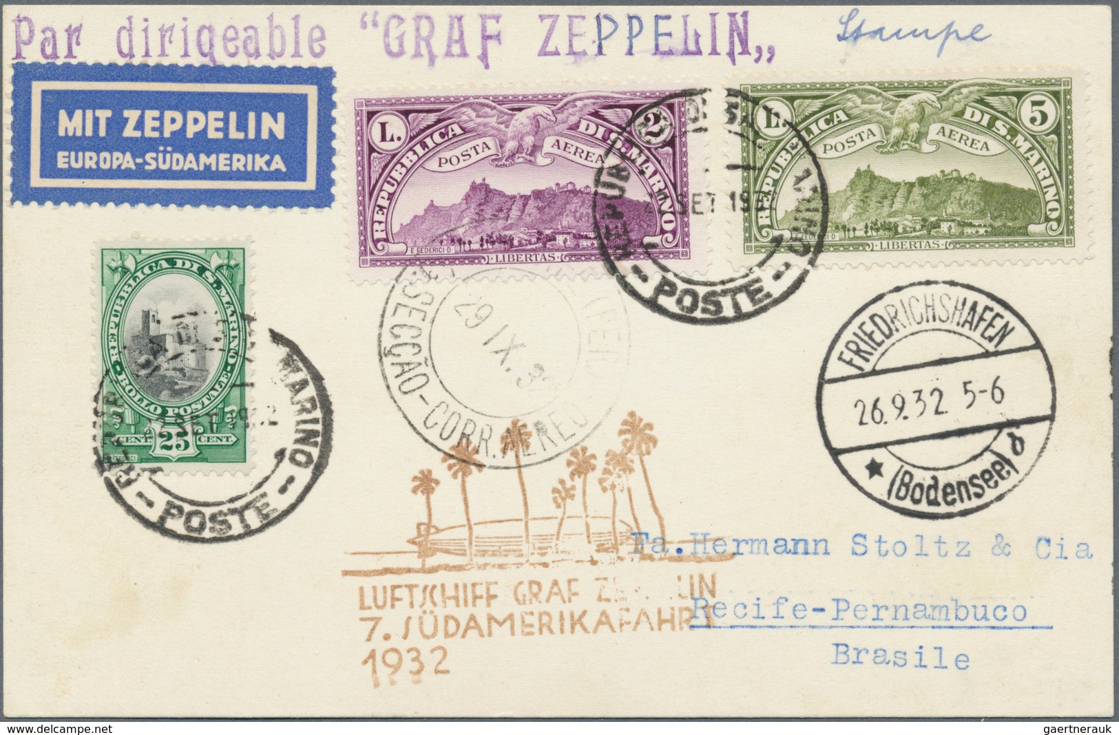 13240A Zeppelinpost Übersee: SAN MARINO: 1932, ZEPPELIN 7. SA-Fahrt Auf Karte Vom 22.9.32. Zuleitung Nach P - Zeppeline