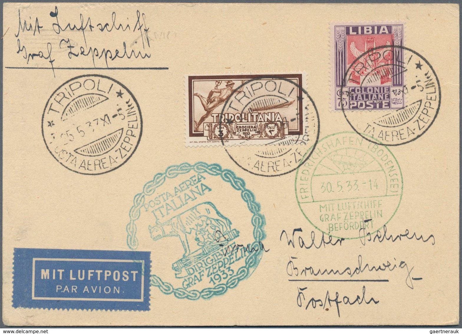 13243 Zeppelinpost Übersee: 1933, ITALIENISCH-TRIPOLITANIEN: Postkarte Mit Zeppelinmarke 3 L. Sowie Freima - Zeppeline