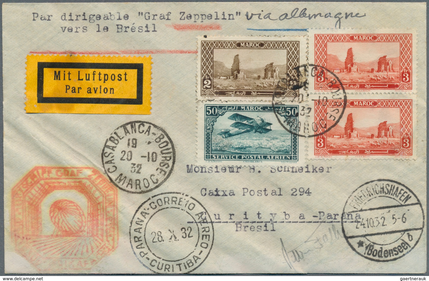 13244 Zeppelinpost Übersee: 1932: MAROKKO (französisch)/9. SAF 1932. Fantastischer Brief Mit 4 Marken Bunt - Zeppelins