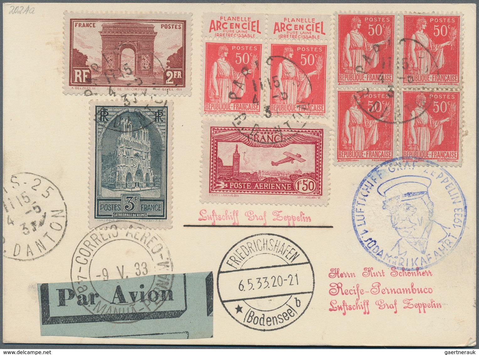 13245 Zeppelinpost Übersee: 1933: FRANKREICH/1. SAF 1933: Reizvoll Frankierte Vertragsstaatenkarte über Fh - Zeppeline