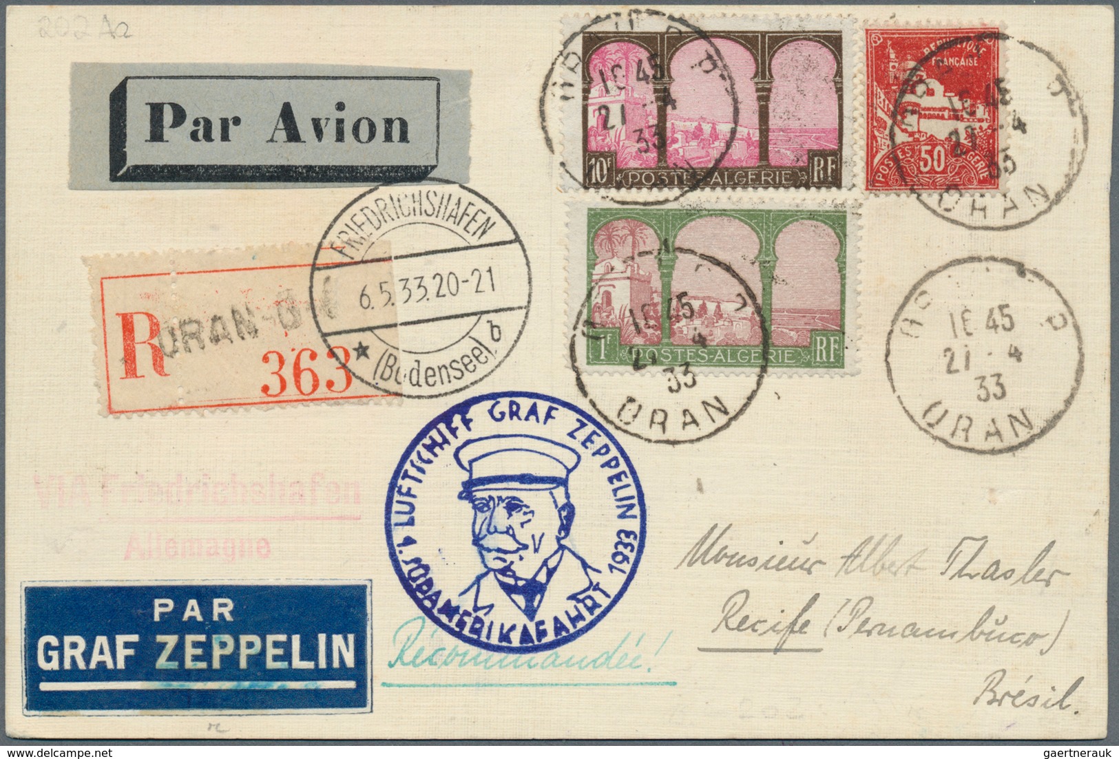 13247 Zeppelinpost Übersee: 1933: ALGERIEN/ 1. SAF 1933: R-Karte Ab Oran - Marsseille - Paris - Fhfn - Rec - Zeppelins