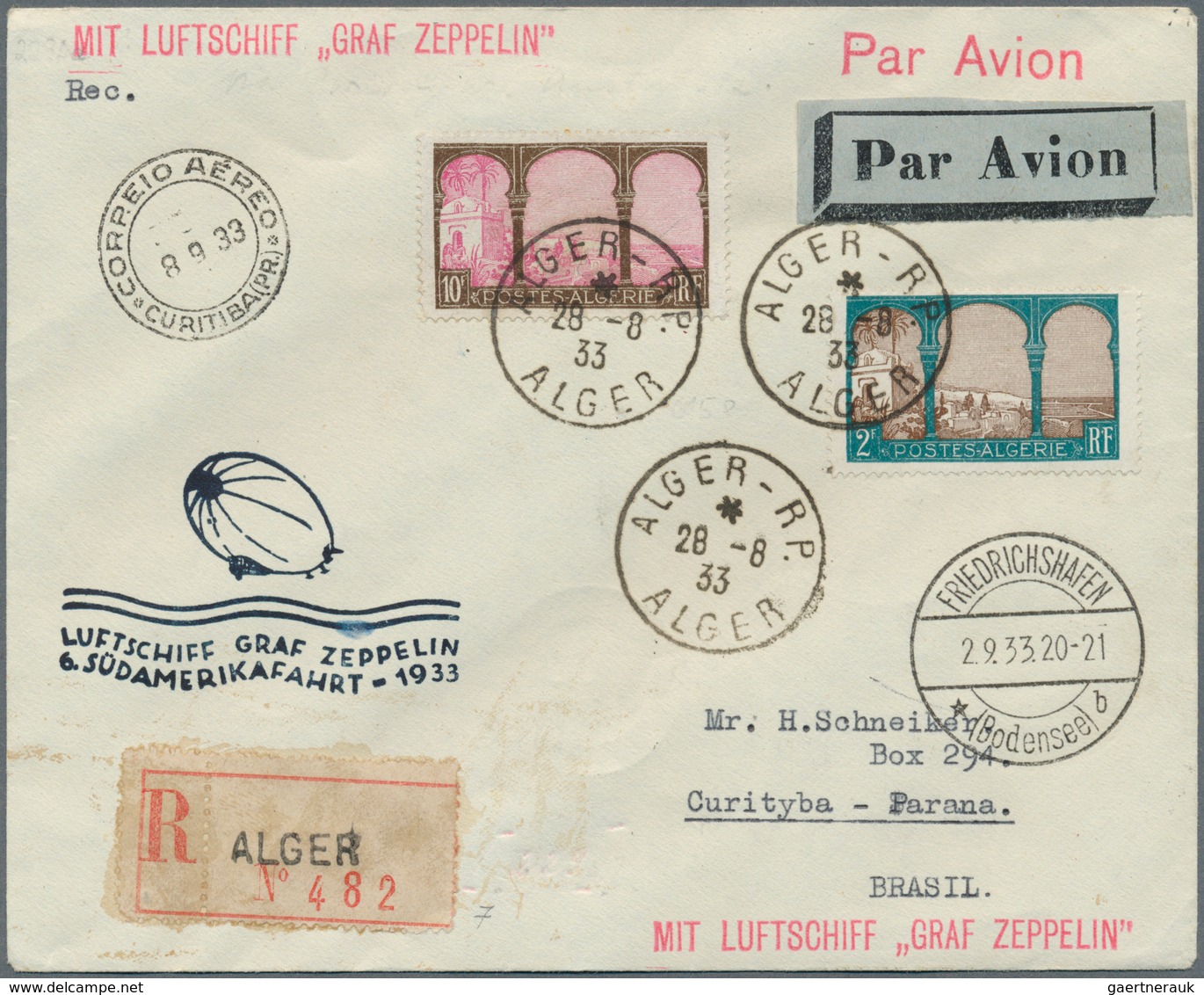 13251 Zeppelinpost Übersee: 1933: ALGERIEN/6. SAF 1933: Interessanter R-Brief Ab Alger über FHFN Nach Curi - Zeppelins