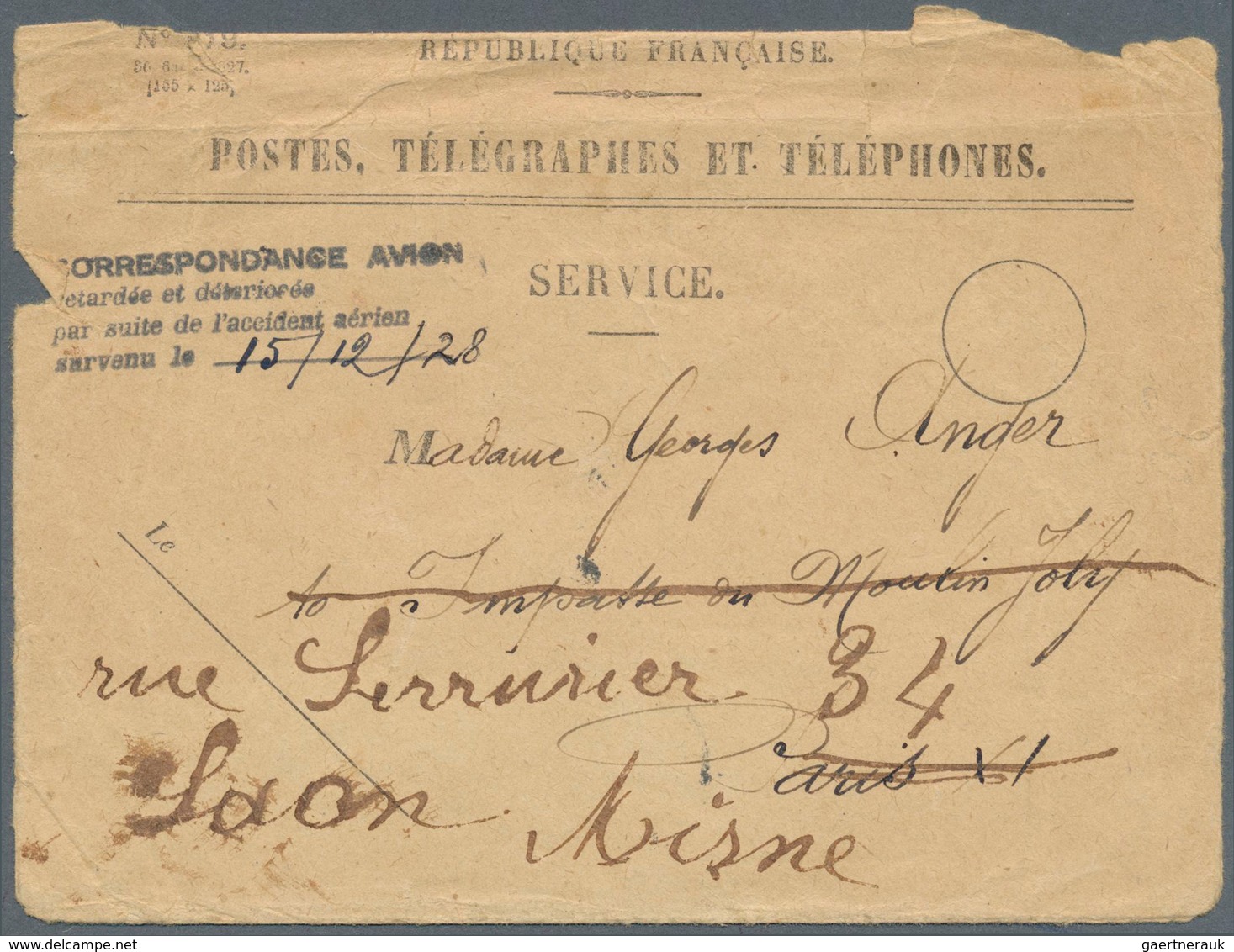 13263 Katastrophenpost: 1928 (15.12.), Casablanca-Toulouse. Accident Of Magrat. Damaged Cover To Paris (fo - Sonstige & Ohne Zuordnung