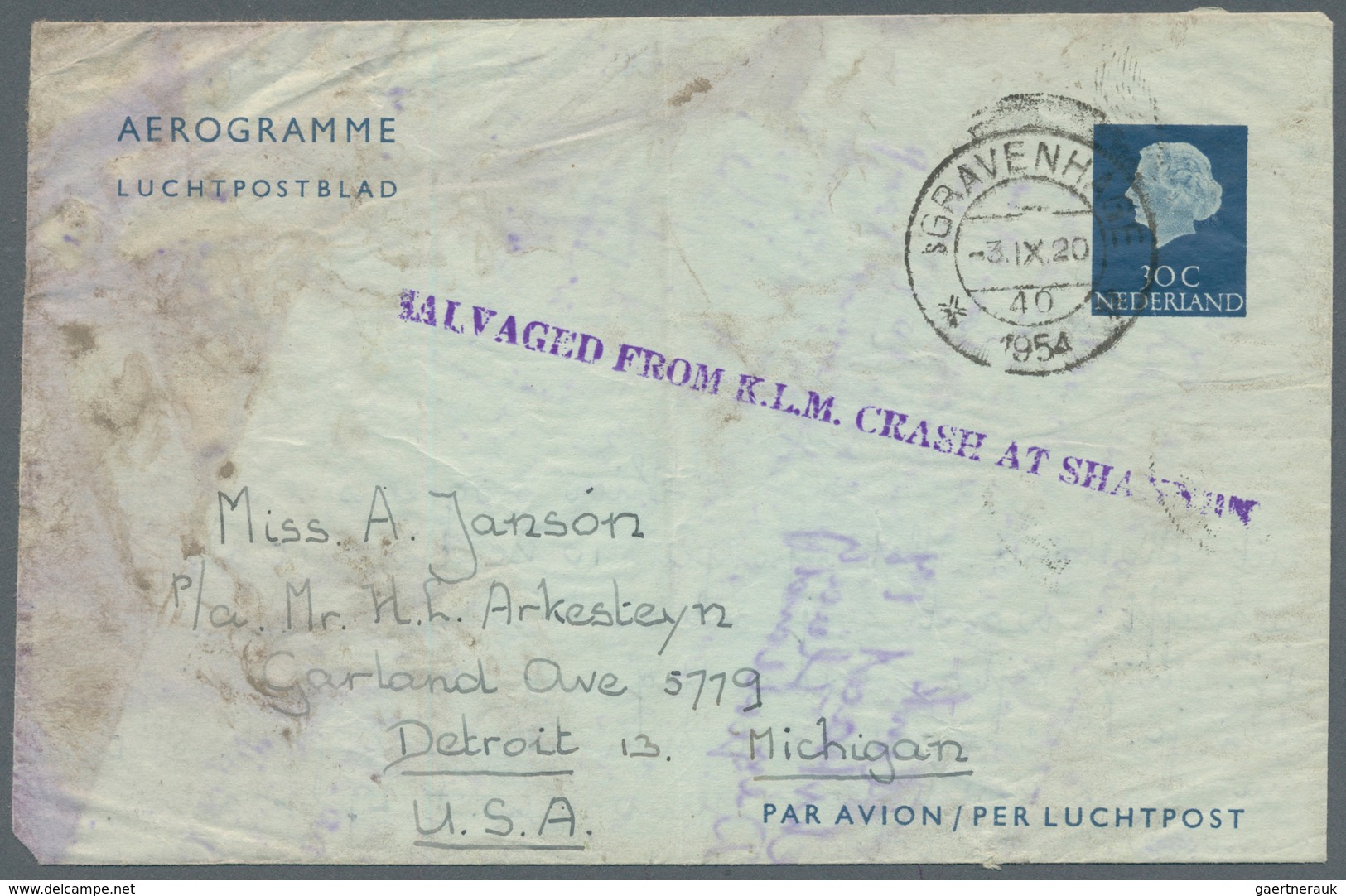 13276 Katastrophenpost: 1954 (3.9.), IRELAND: Aerogramme 30c. From S'Gravenhage/Netherlands Addressed To D - Autres & Non Classés