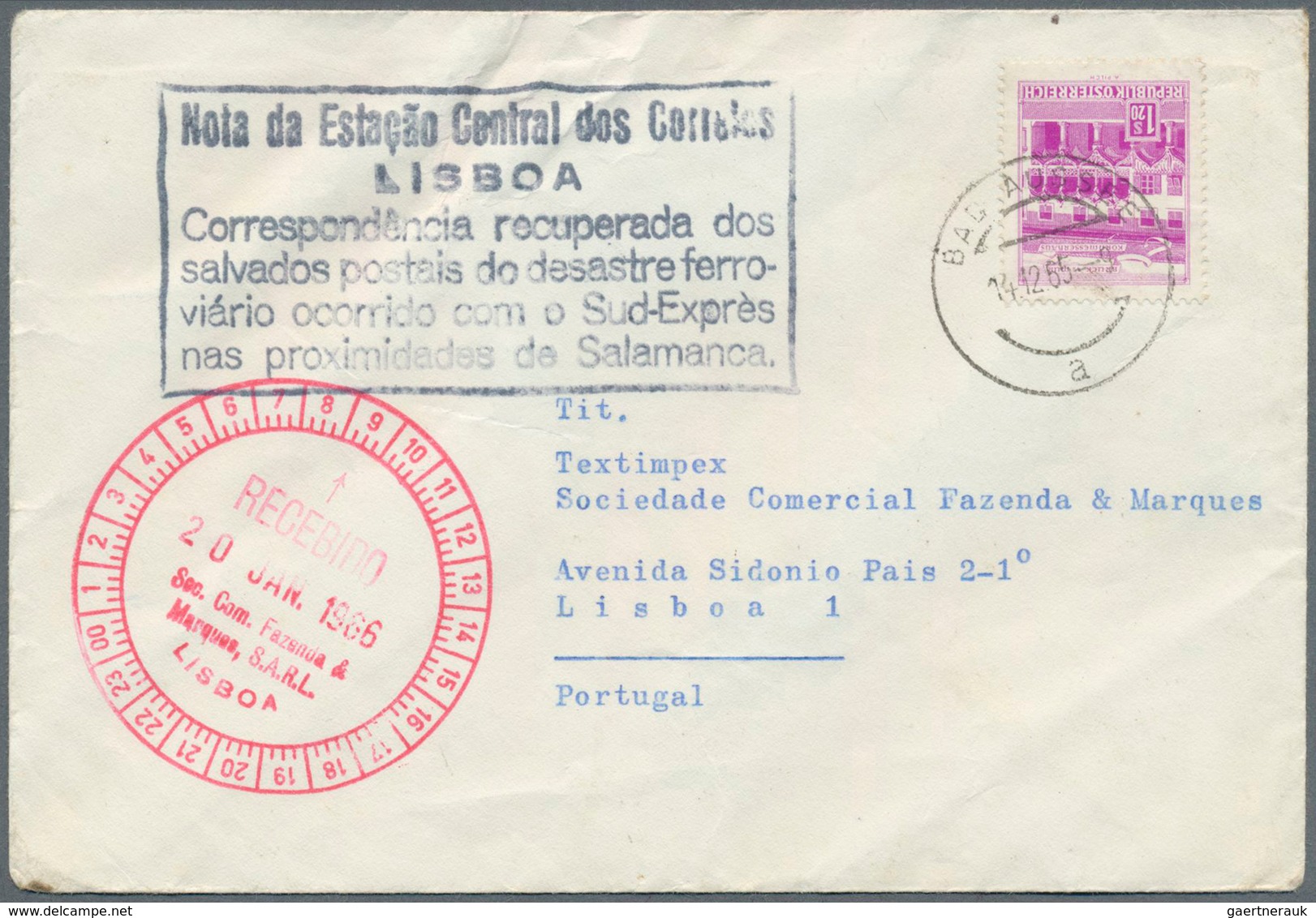 13277 Katastrophenpost: 1965, "SUD-EXPRES" Train Crash Near Salamanca, Spain: Austria 1,20 S Lilac Single - Autres & Non Classés