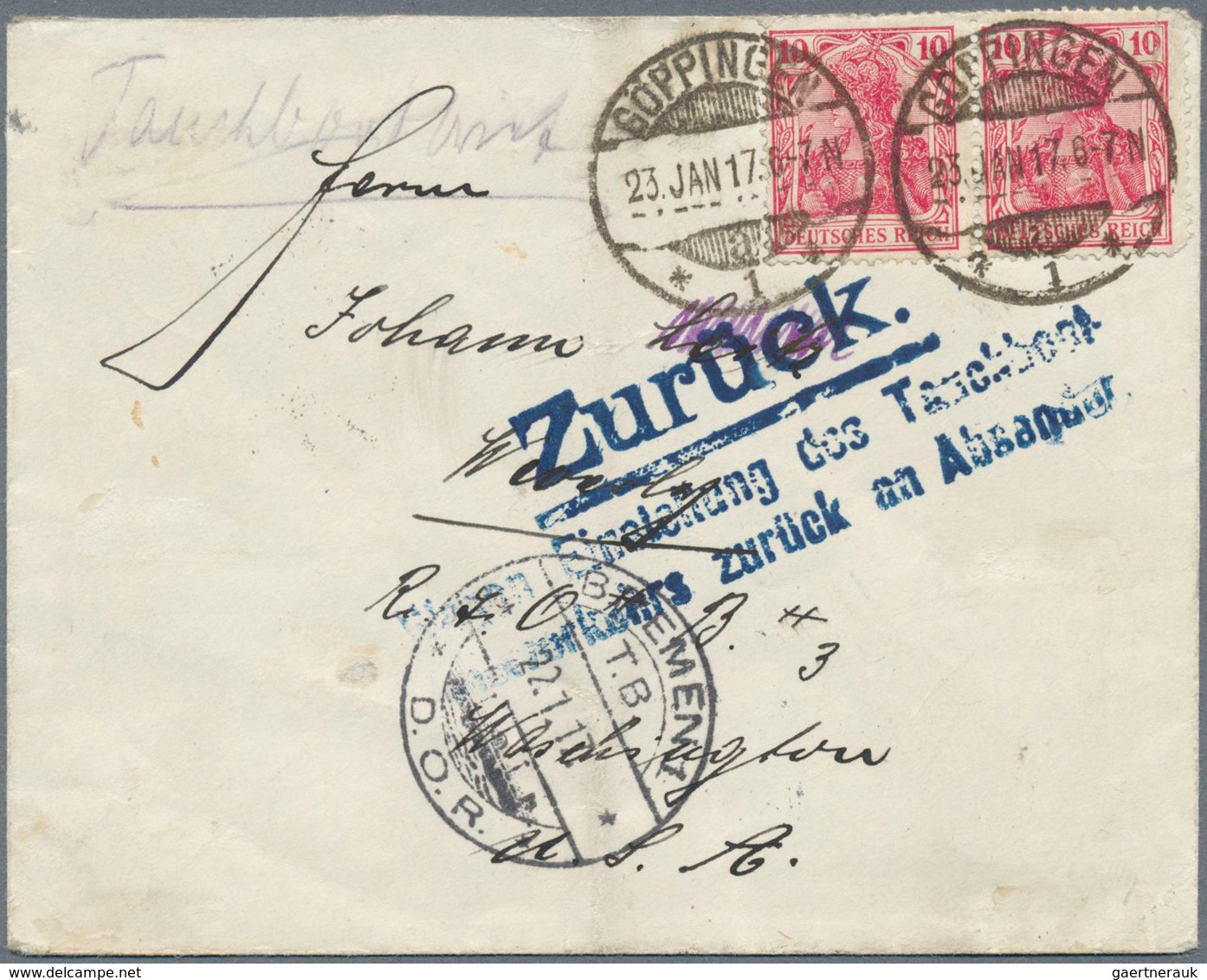 13282 Deutsche Schiffspost - Marine: 1917, 2x 10 Pfg. Germania M. Vs. Hs. "Tauchbootbrief" Am 23.1.17 Ab G - Autres & Non Classés