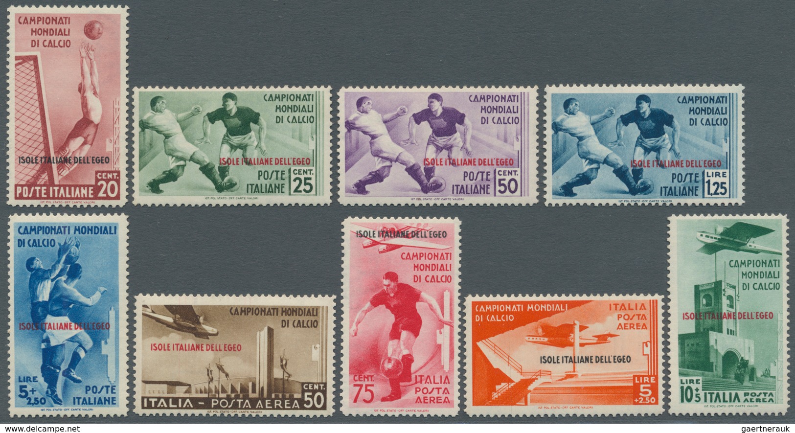 13307 Ägäische Inseln: 1934, Football World Championship, 20c. To 10l., Complete Set Of Nine Values, Mint - Ägäis