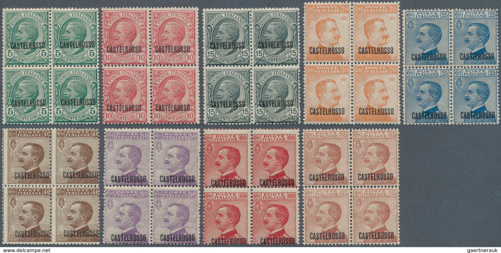13312 Ägäische Inseln - Kastellorizo: 1922, 5c. To 85c., Complete Set Of Nine Values As Blocks Of Four, Fe - Castelrosso