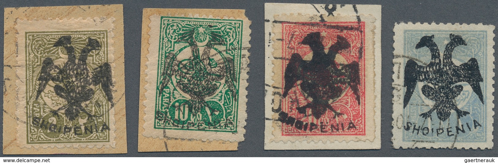 13314A Albanien: 1913, Doppeladler-Aufdruck "SHQIPENIA" Auf 2 Pa Oliv, 10 Pa Blaugrün, 20 Pa Rosa Und 1 Pia - Albanie