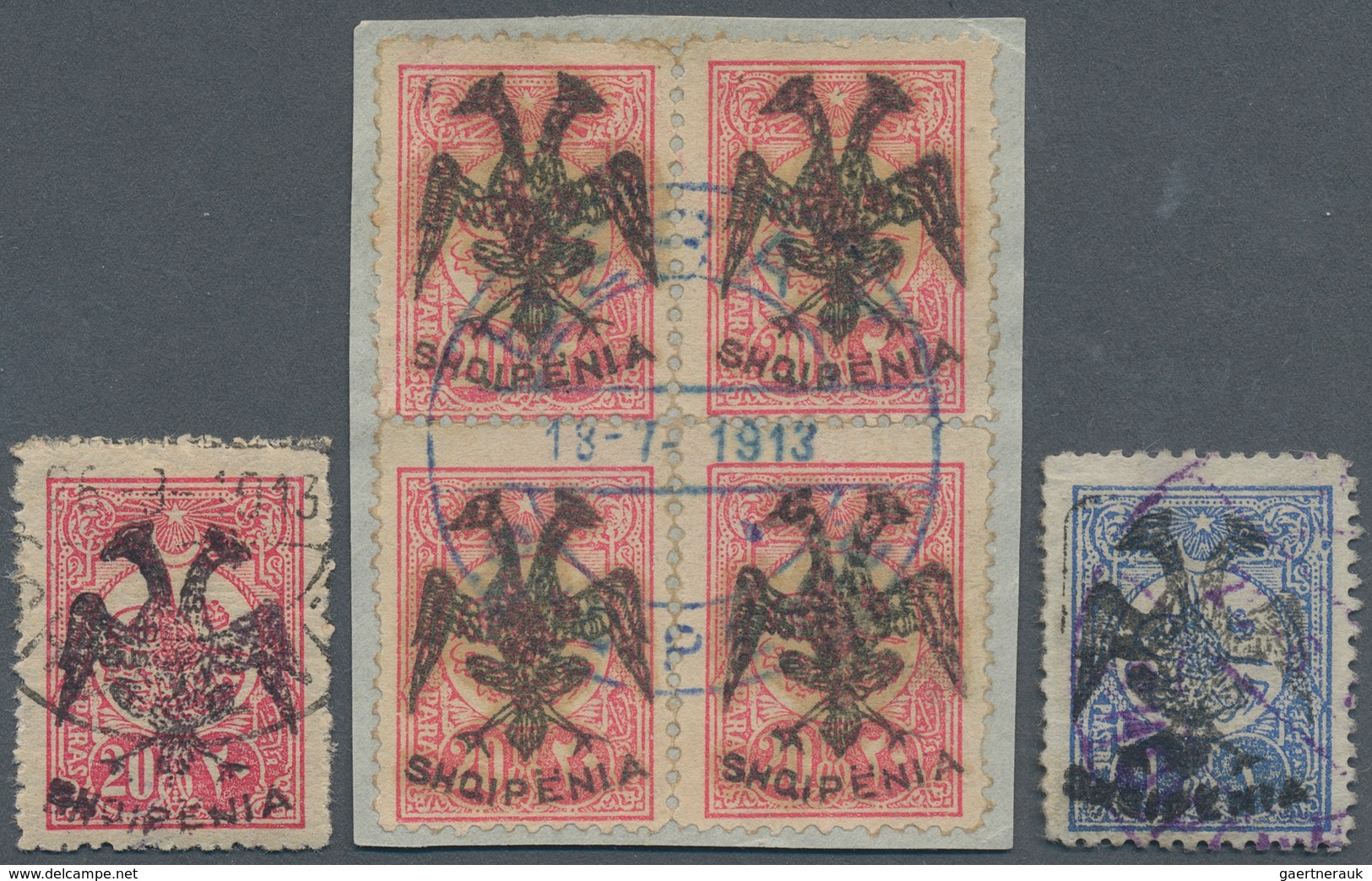 13317 Albanien: 1913 Turkey 1909 20pa. Rose, Single And Block Of Four, Plus 1pi. Blue All Optd. Double Eag - Albanie