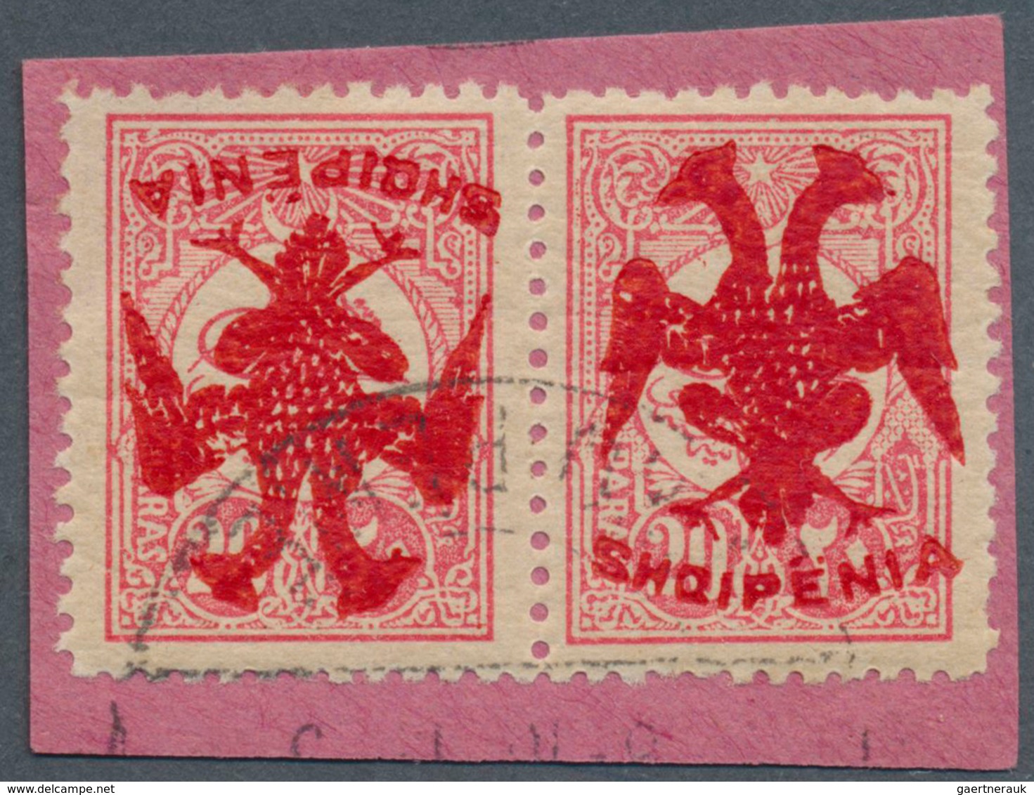 13318 Albanien: 1913. Téte Bêche Pair On Piece Red Turkish 20 Para Stamp Of The Mohamed V Issue, Overprint - Albanien