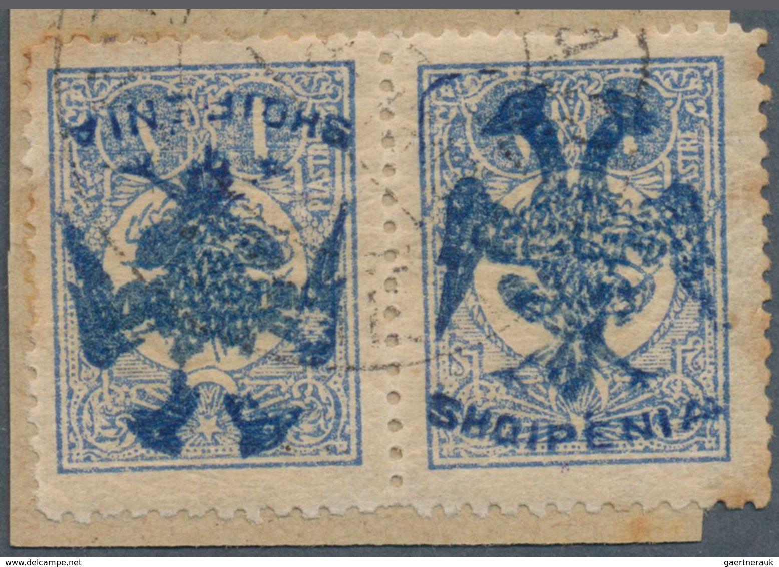 13319 Albanien: 1913. Téte Bêche Pair On Piece Blue Turkish 1 Piaster Stamp Of The Mohamed V Issue, Overpr - Albanien